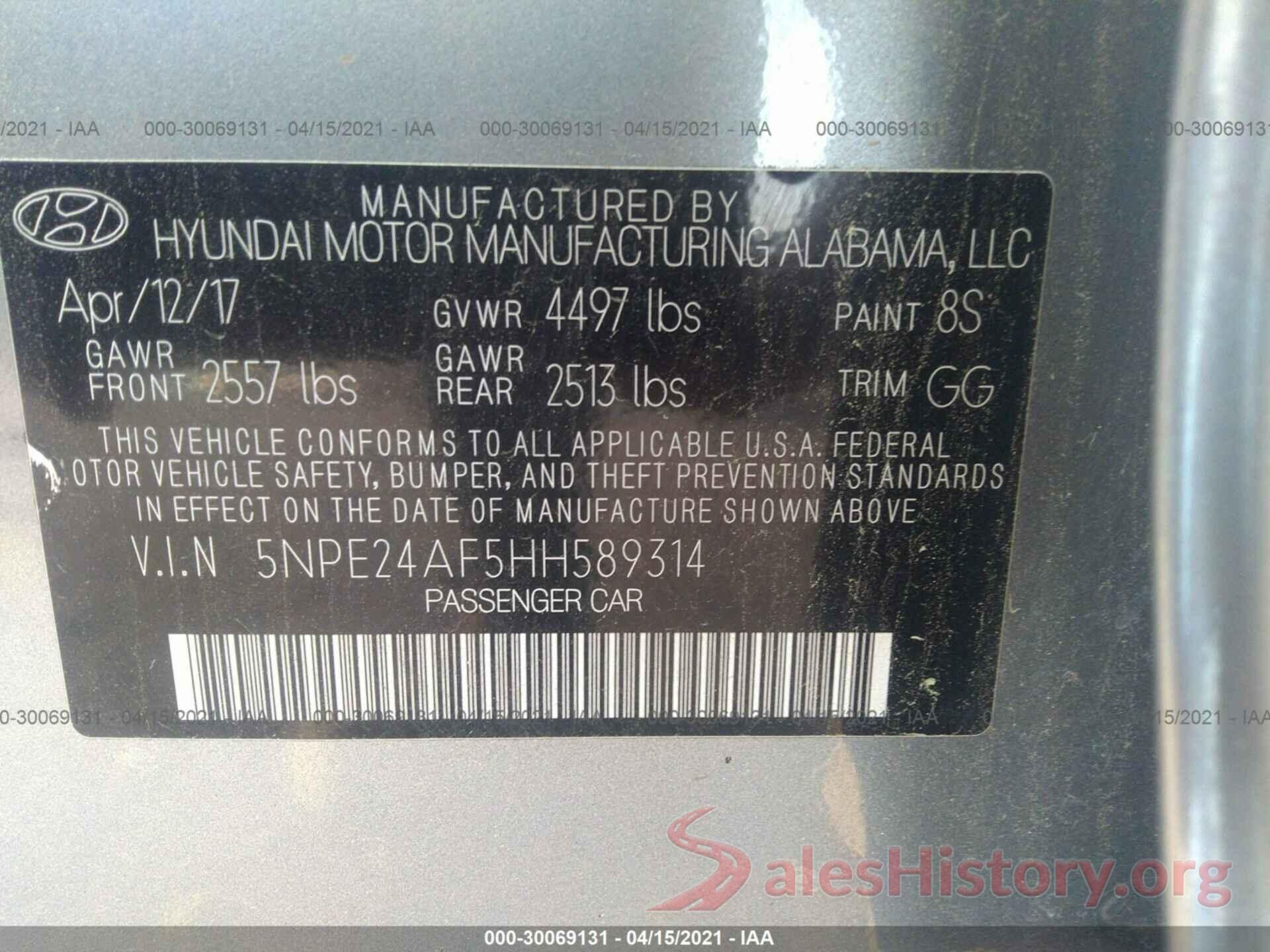 5NPE24AF5HH589314 2017 HYUNDAI SONATA