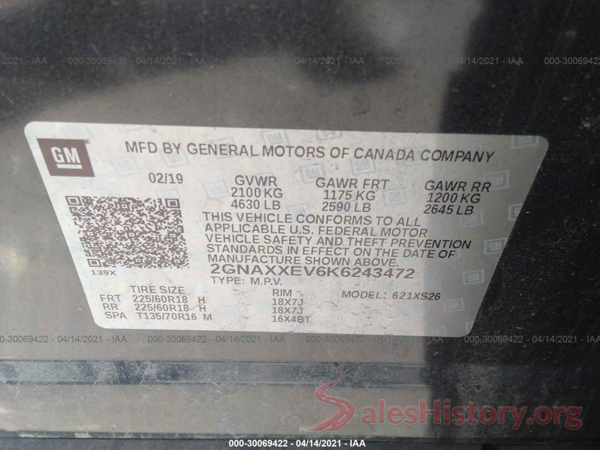 2GNAXXEV6K6243472 2019 CHEVROLET EQUINOX