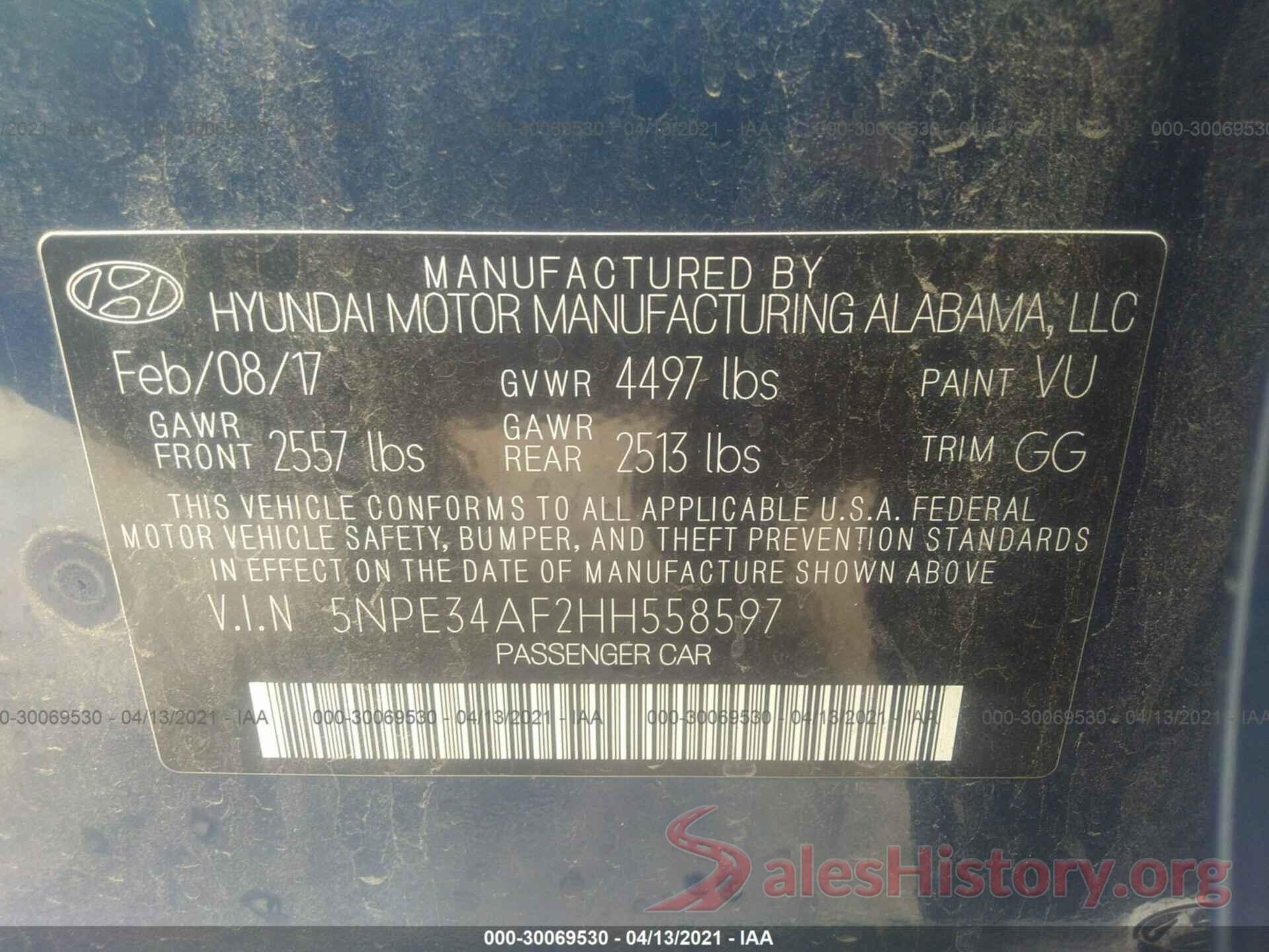 5NPE34AF2HH558597 2017 HYUNDAI SONATA