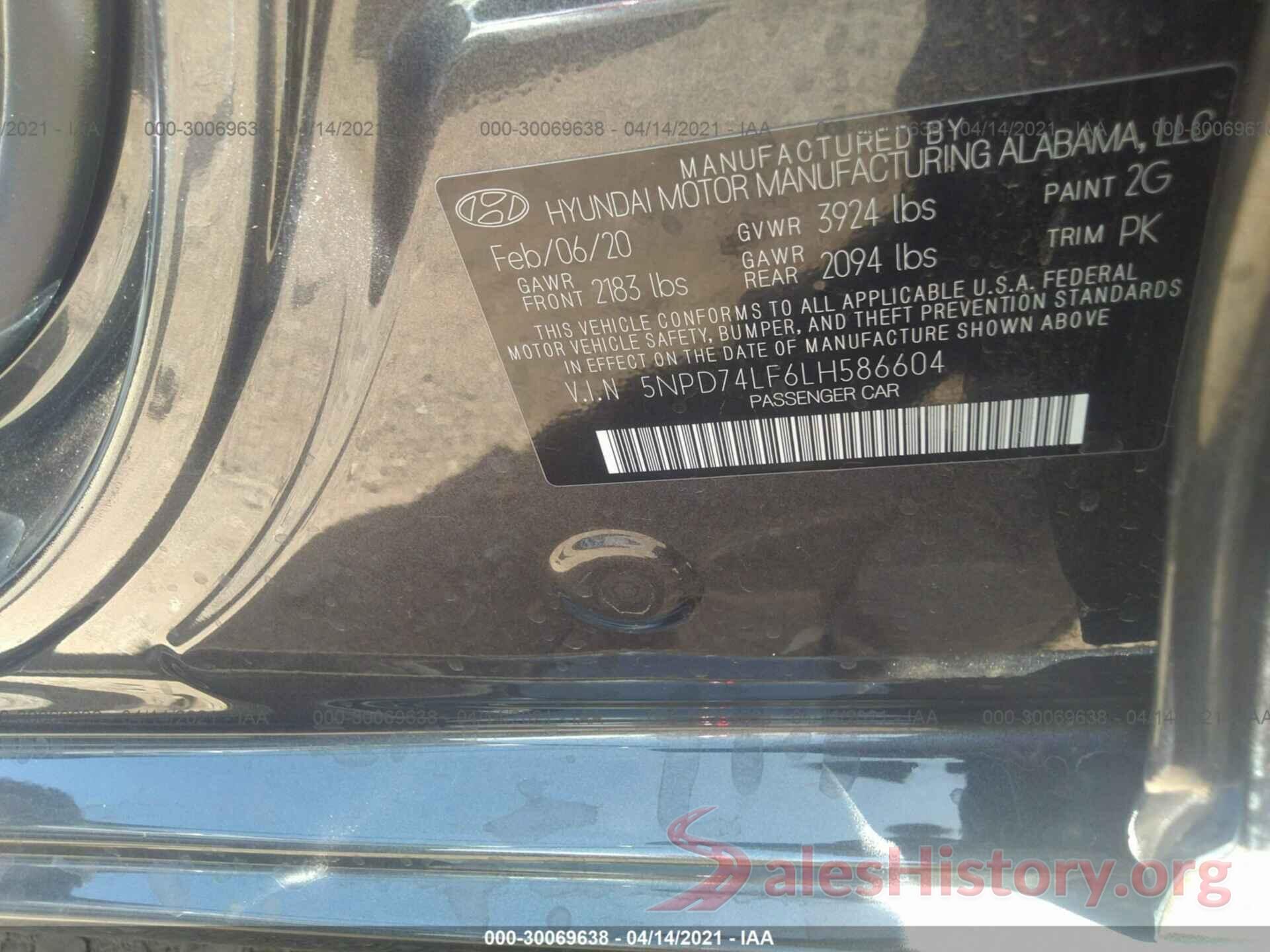 5NPD74LF6LH586604 2020 HYUNDAI ELANTRA