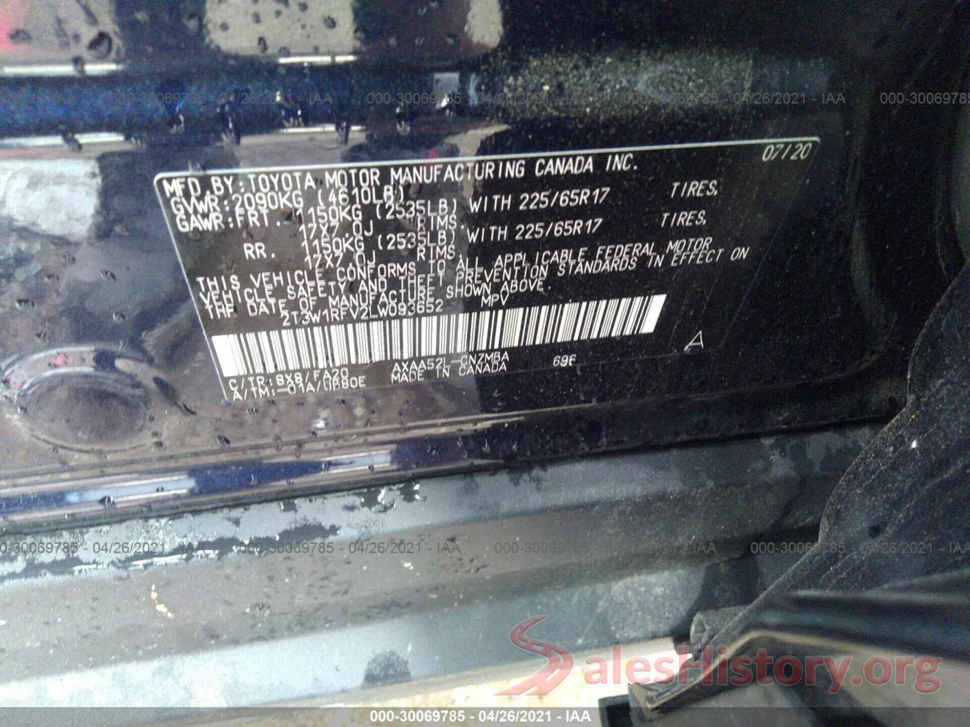 2T3W1RFV2LW093652 2020 TOYOTA RAV4