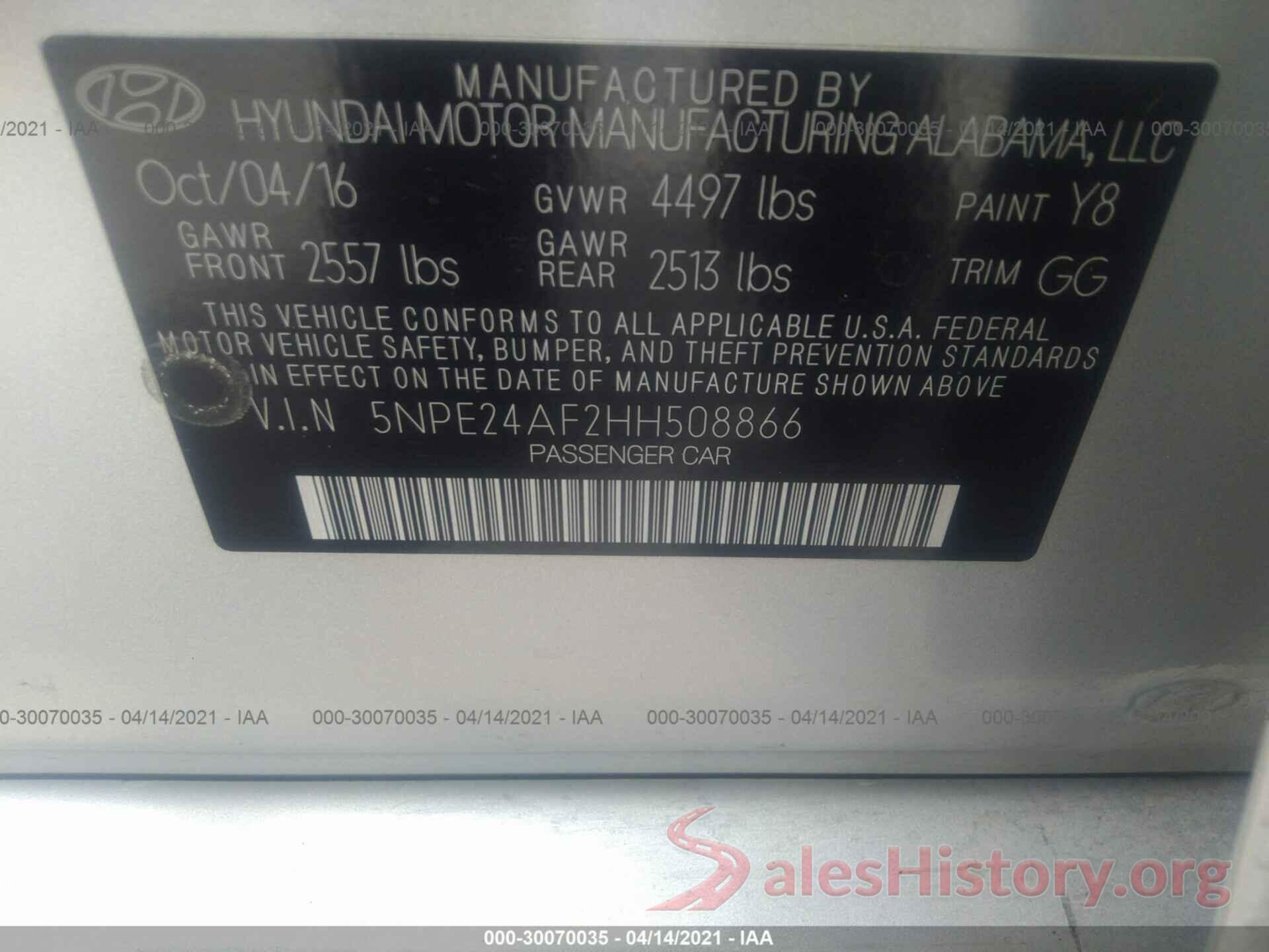 5NPE24AF2HH508866 2017 HYUNDAI SONATA