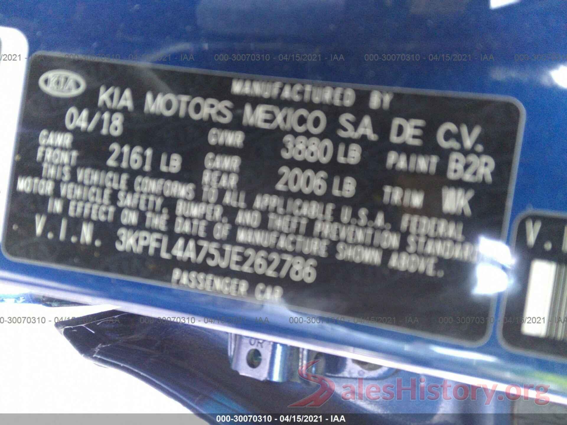 3KPFL4A75JE262786 2018 KIA FORTE