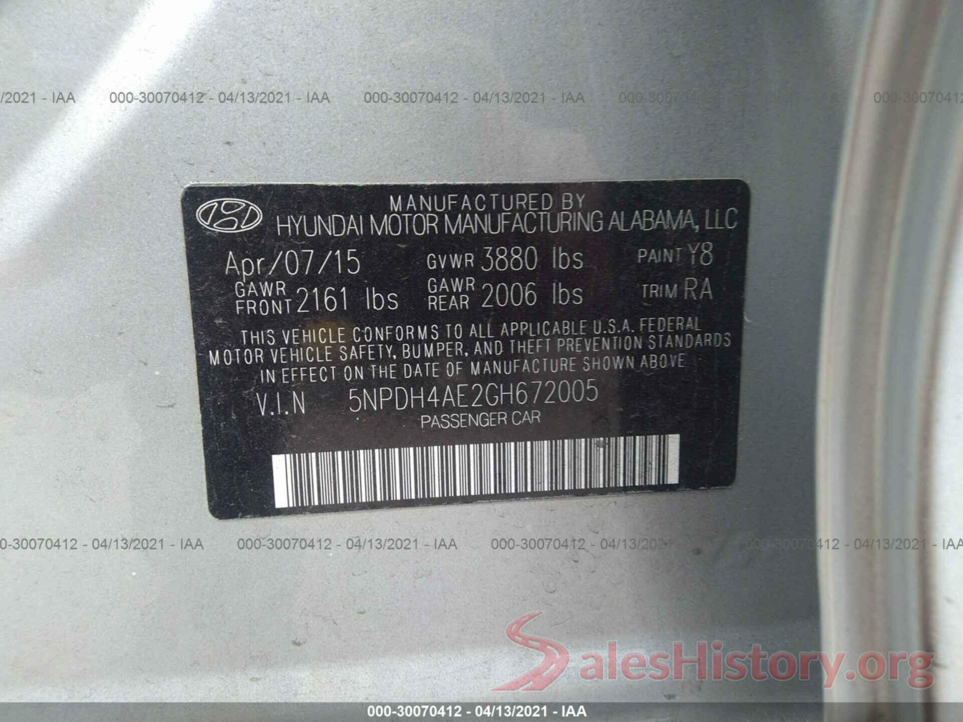 5NPDH4AE2GH672005 2016 HYUNDAI ELANTRA