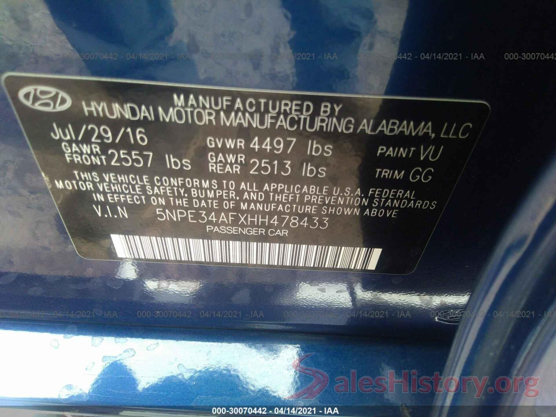 5NPE34AFXHH478433 2017 HYUNDAI SONATA