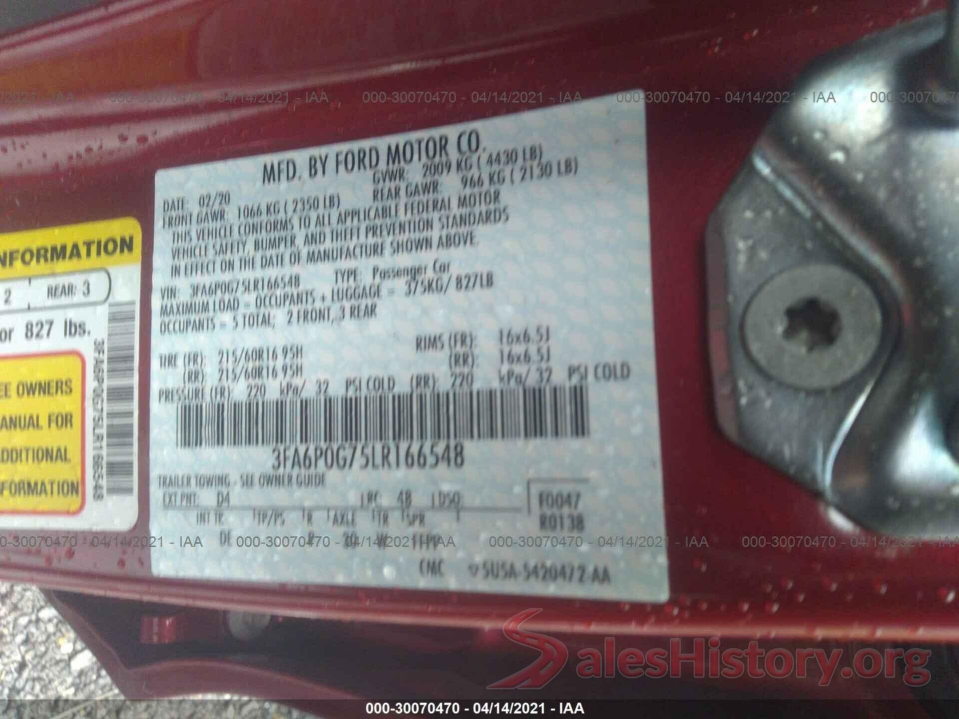 3FA6P0G75LR166548 2020 FORD FUSION