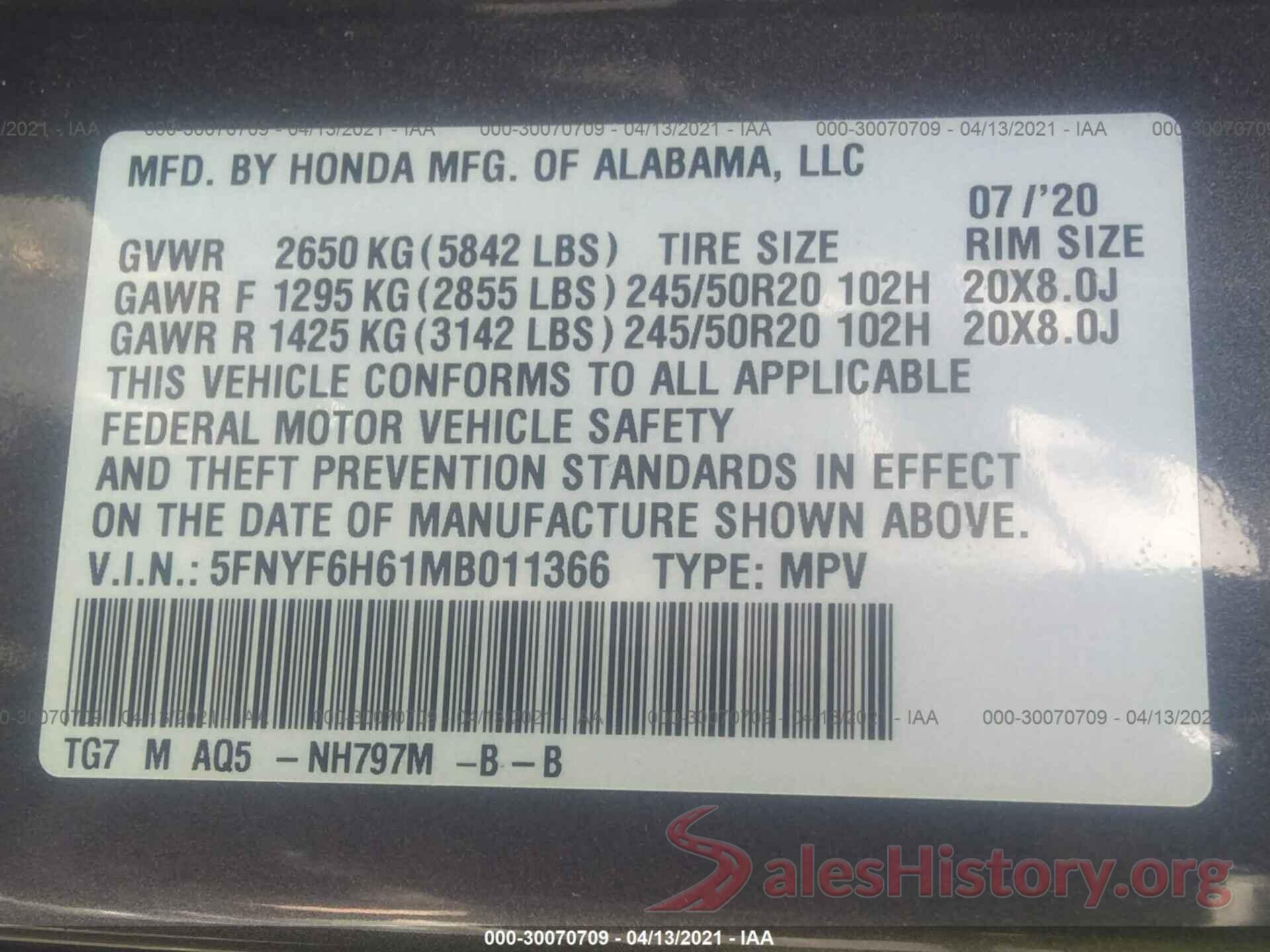 5FNYF6H61MB011366 2021 HONDA PILOT