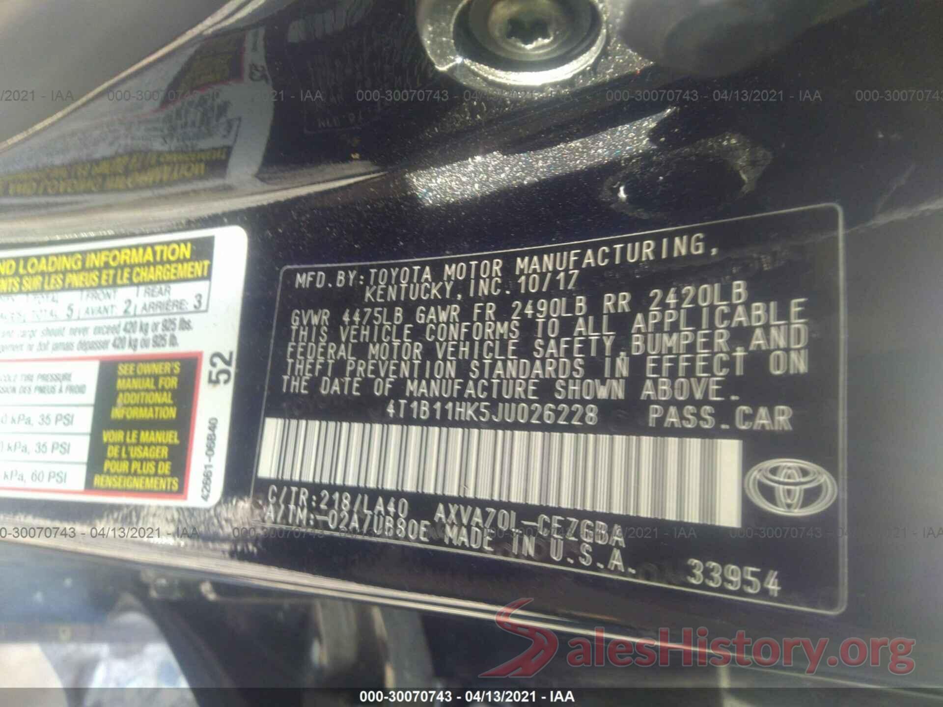 4T1B11HK5JU026228 2018 TOYOTA CAMRY