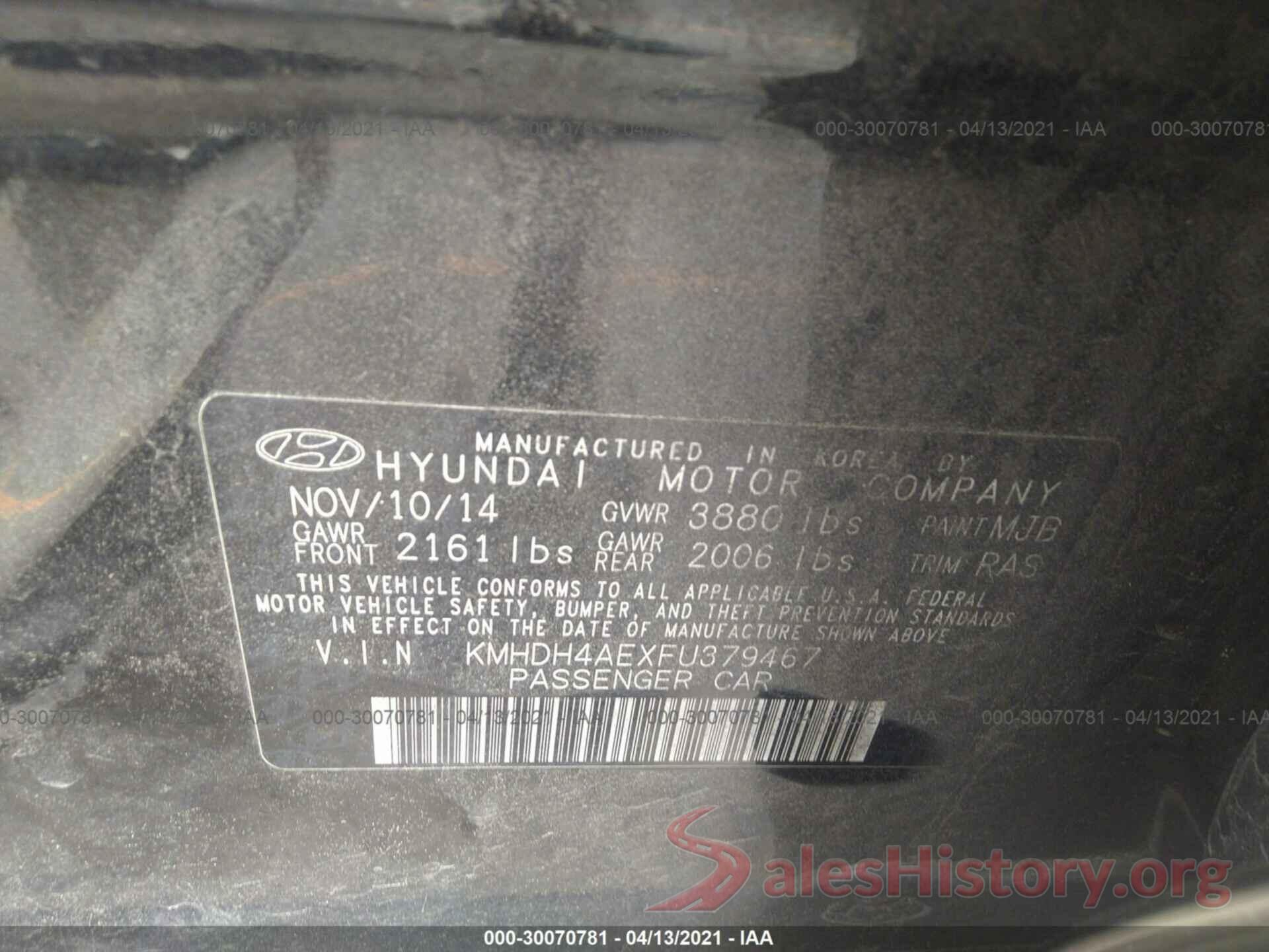 KMHDH4AEXFU379467 2015 HYUNDAI ELANTRA