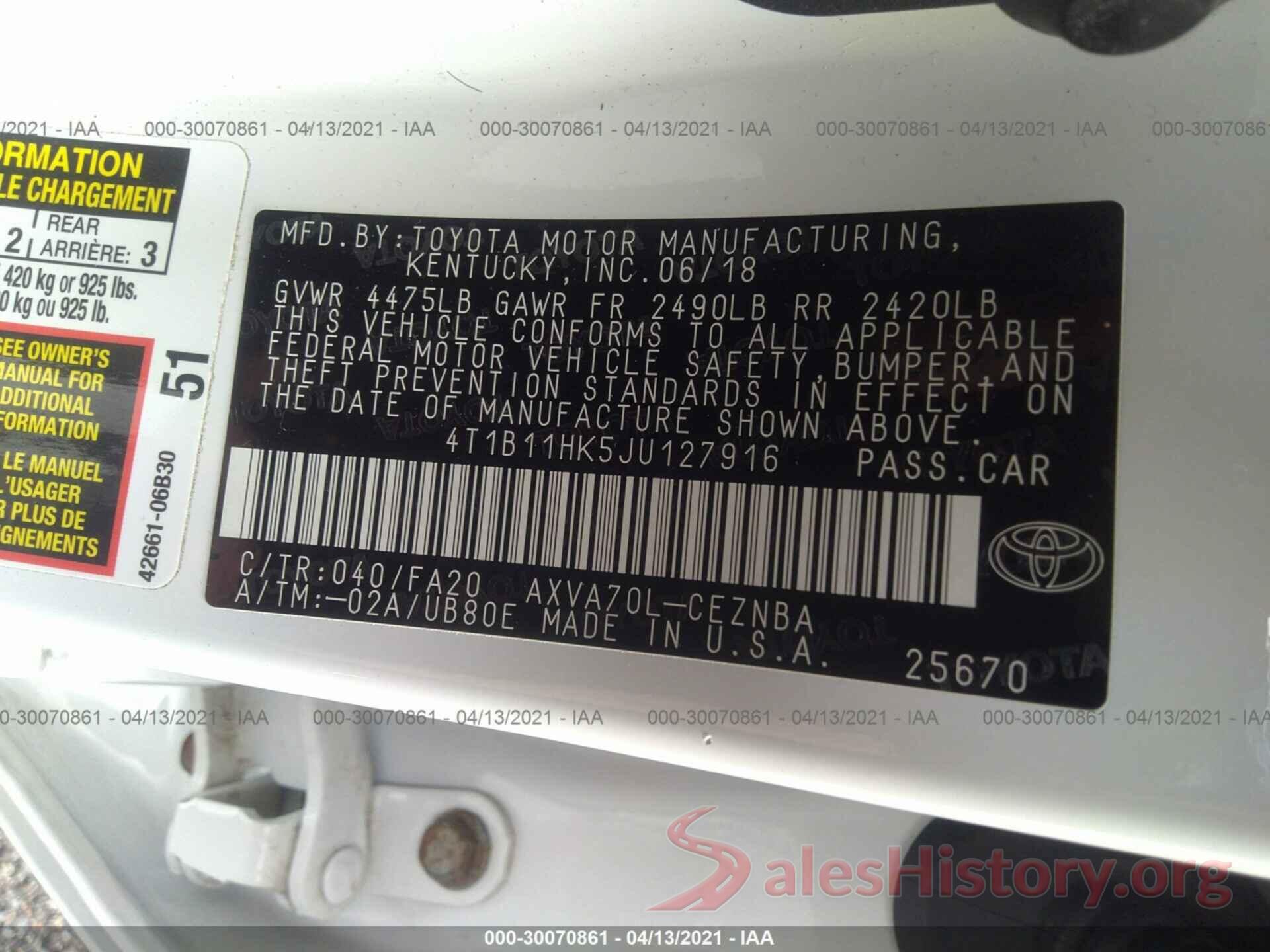 4T1B11HK5JU127916 2018 TOYOTA CAMRY