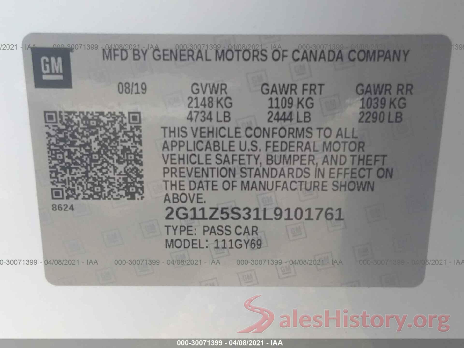 2G11Z5S31L9101761 2020 CHEVROLET IMPALA