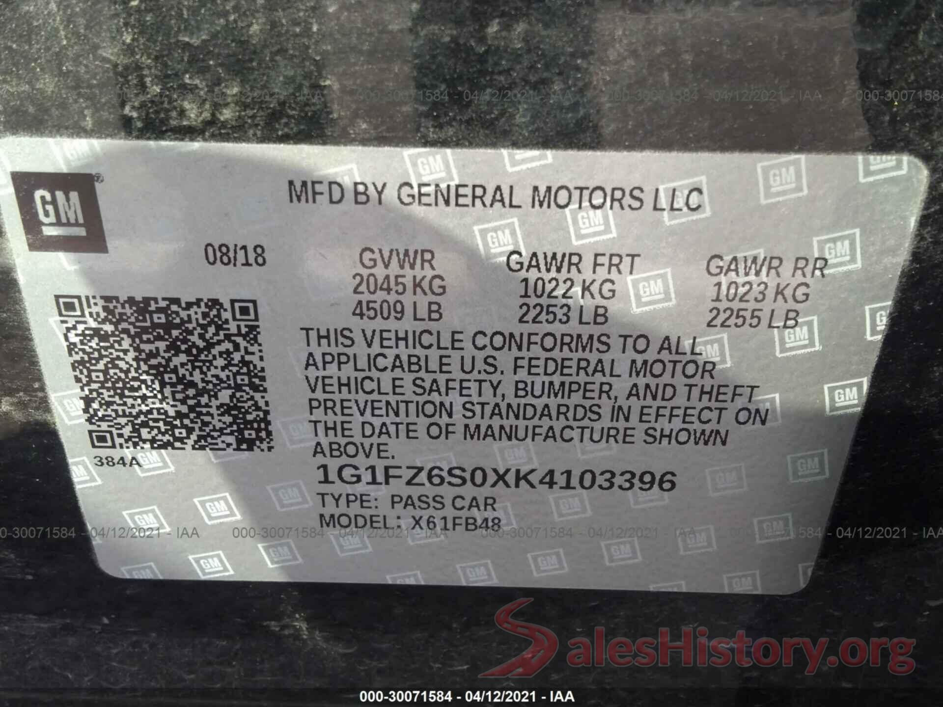 1G1FZ6S0XK4103396 2019 CHEVROLET BOLT EV