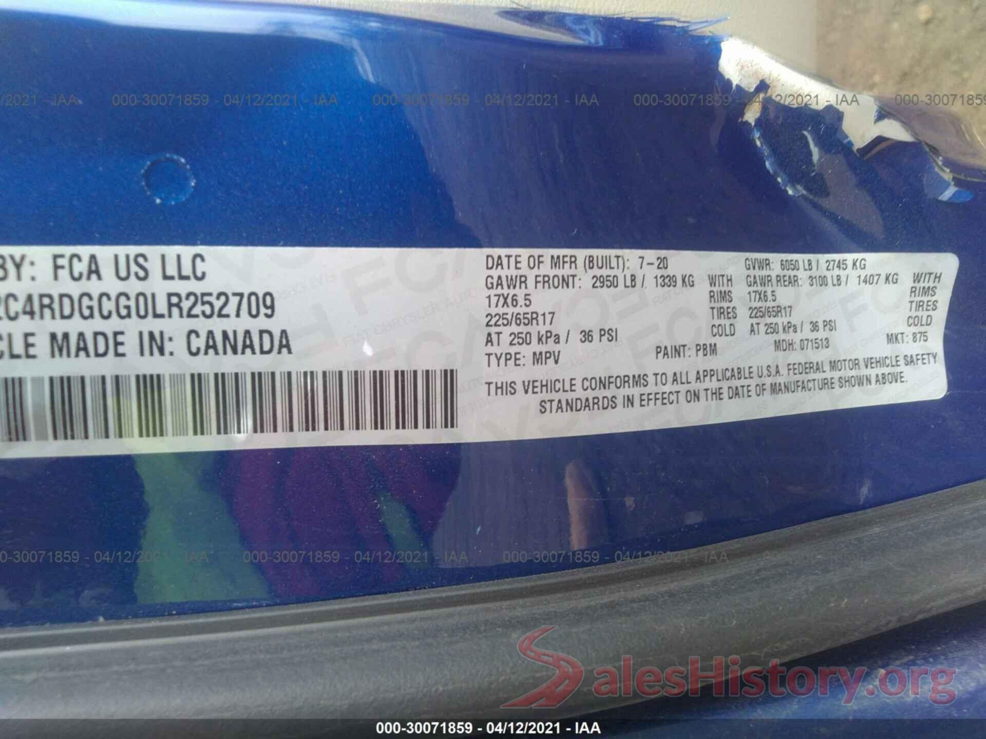 2C4RDGCG0LR252709 2020 DODGE GRAND CARAVAN