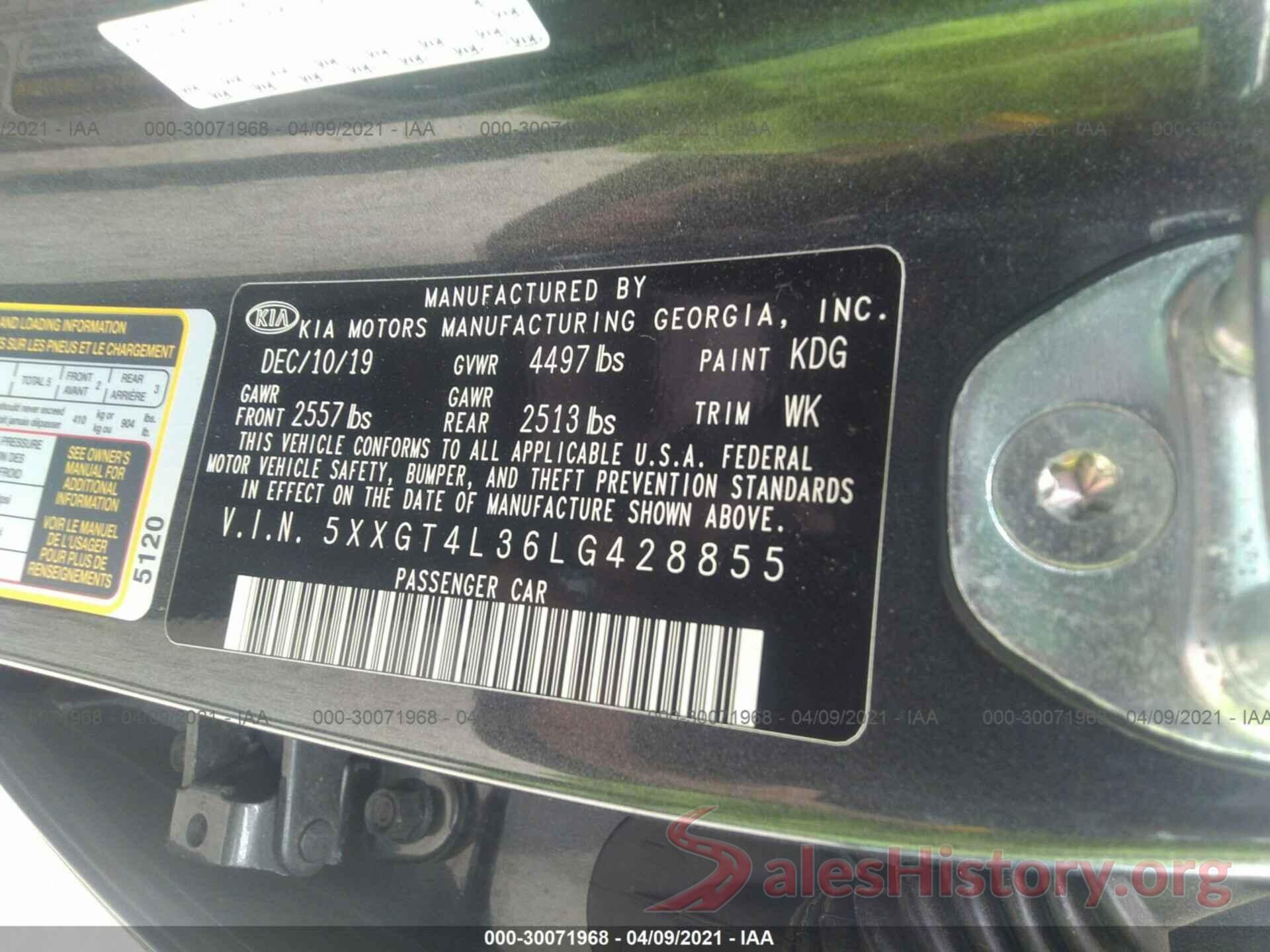 5XXGT4L36LG428855 2020 KIA OPTIMA