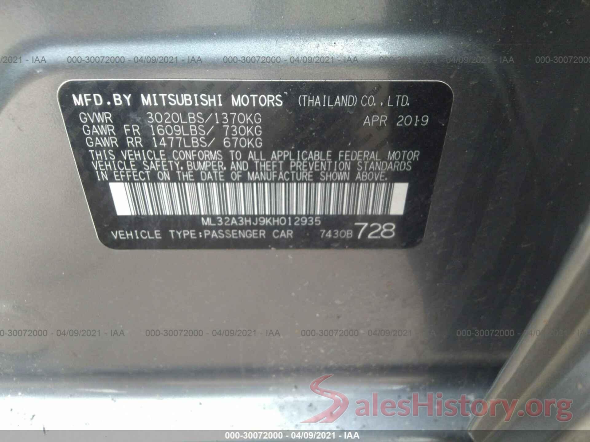 ML32A3HJ9KH012935 2019 MITSUBISHI MIRAGE