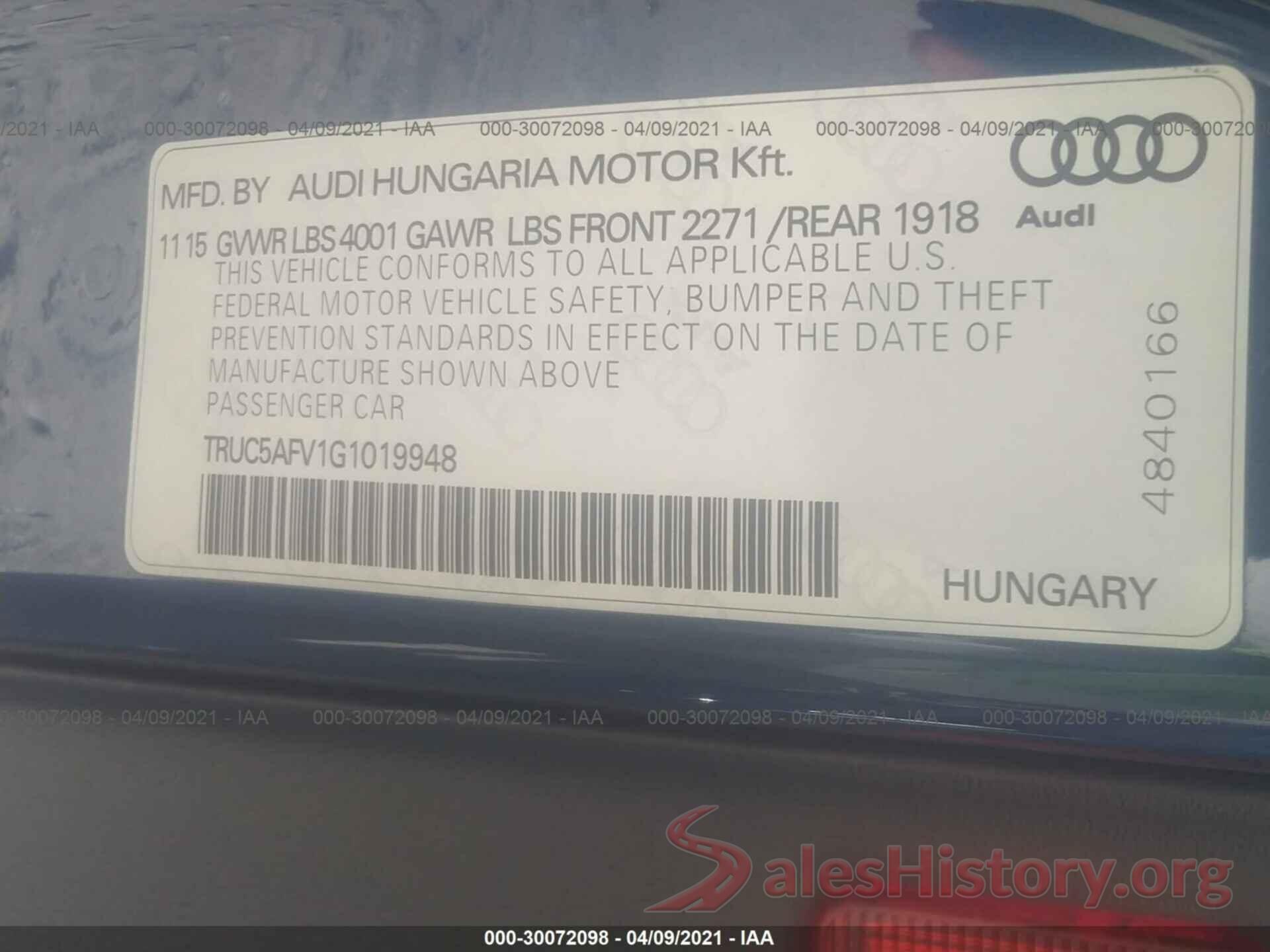 TRUC5AFV1G1019948 2016 AUDI TT