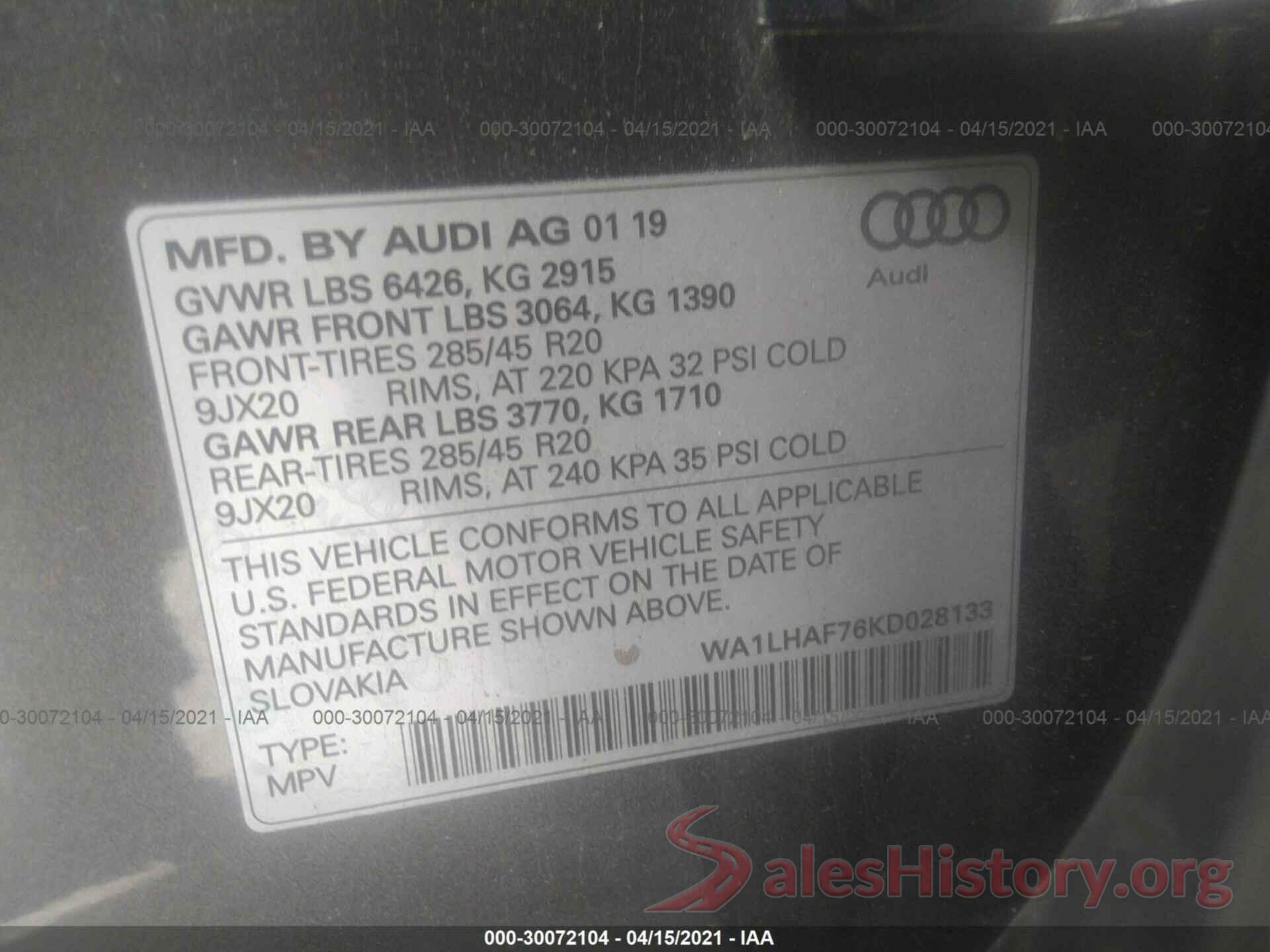 WA1LHAF76KD028133 2019 AUDI Q7