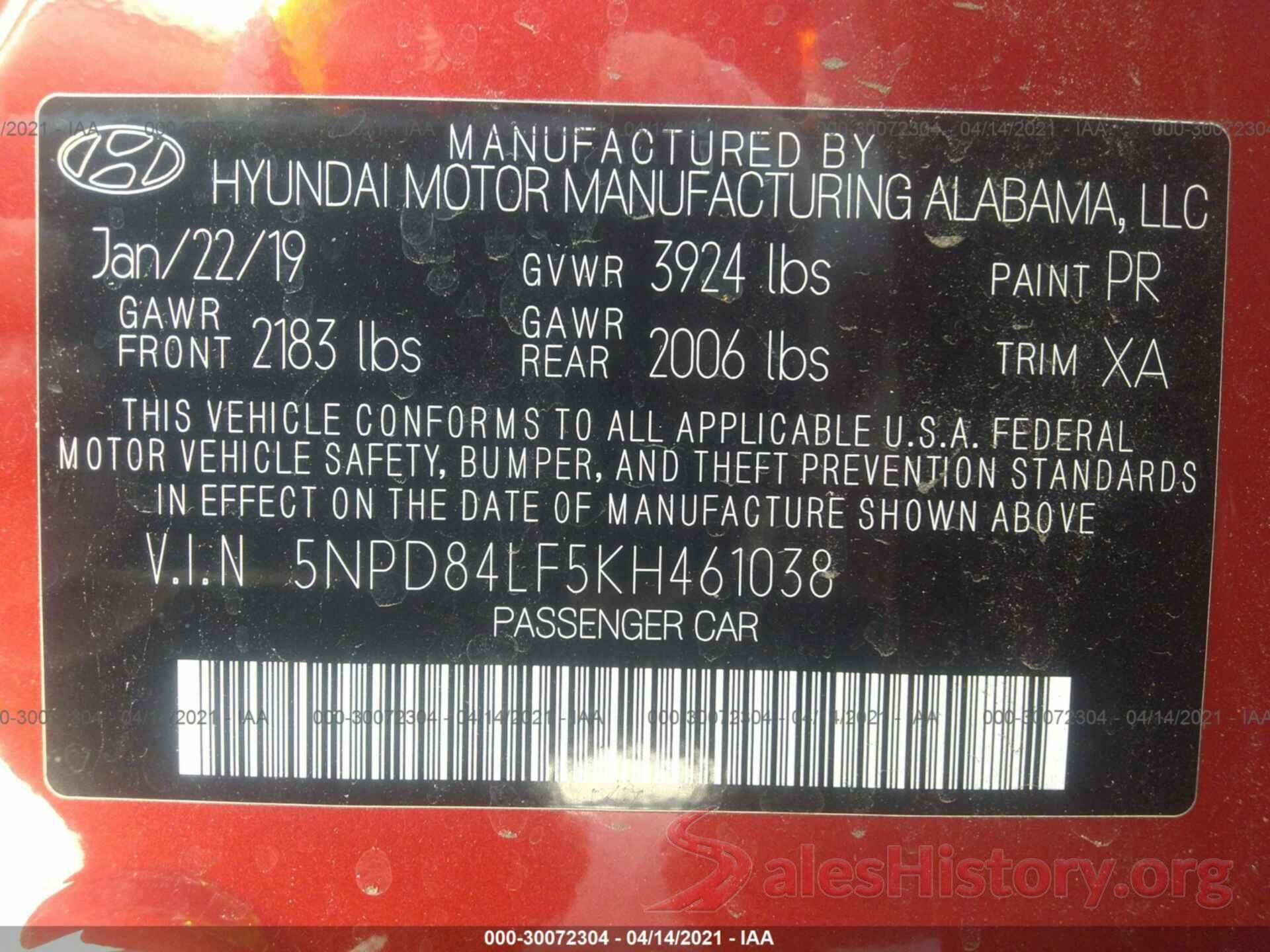 5NPD84LF5KH461038 2019 HYUNDAI ELANTRA