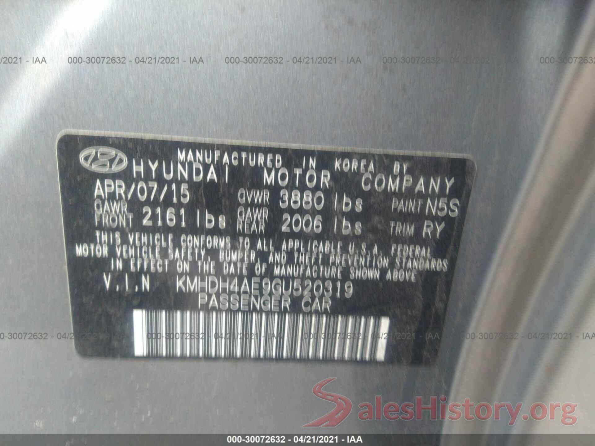 KMHDH4AE9GU520319 2016 HYUNDAI ELANTRA