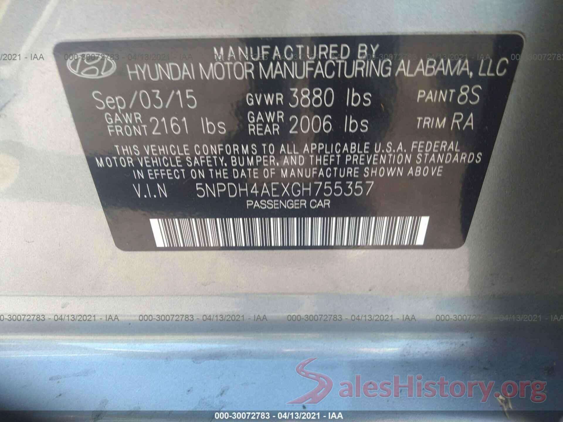 5NPDH4AEXGH755357 2016 HYUNDAI ELANTRA