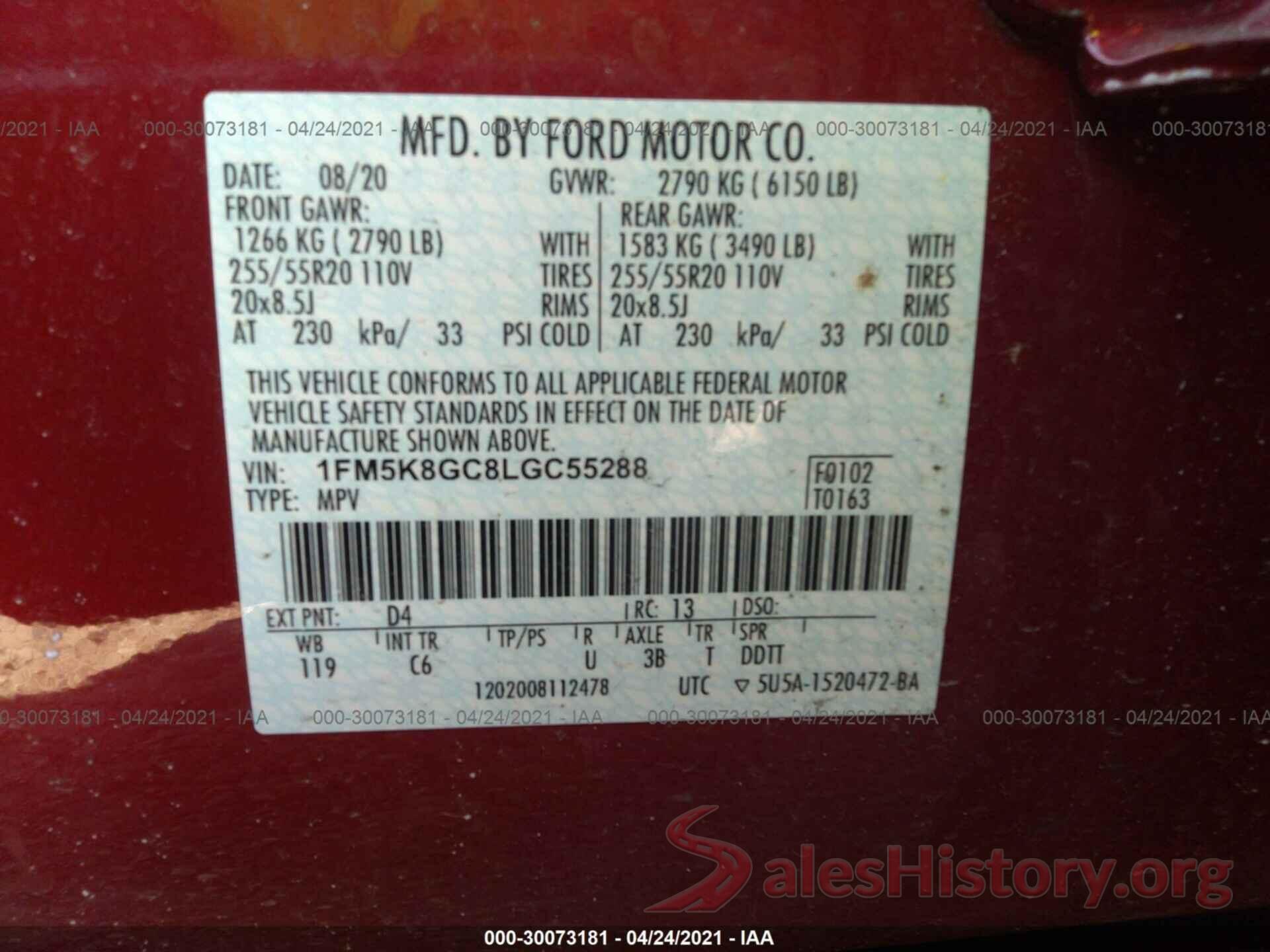 1FM5K8GC8LGC55288 2020 FORD EXPLORER