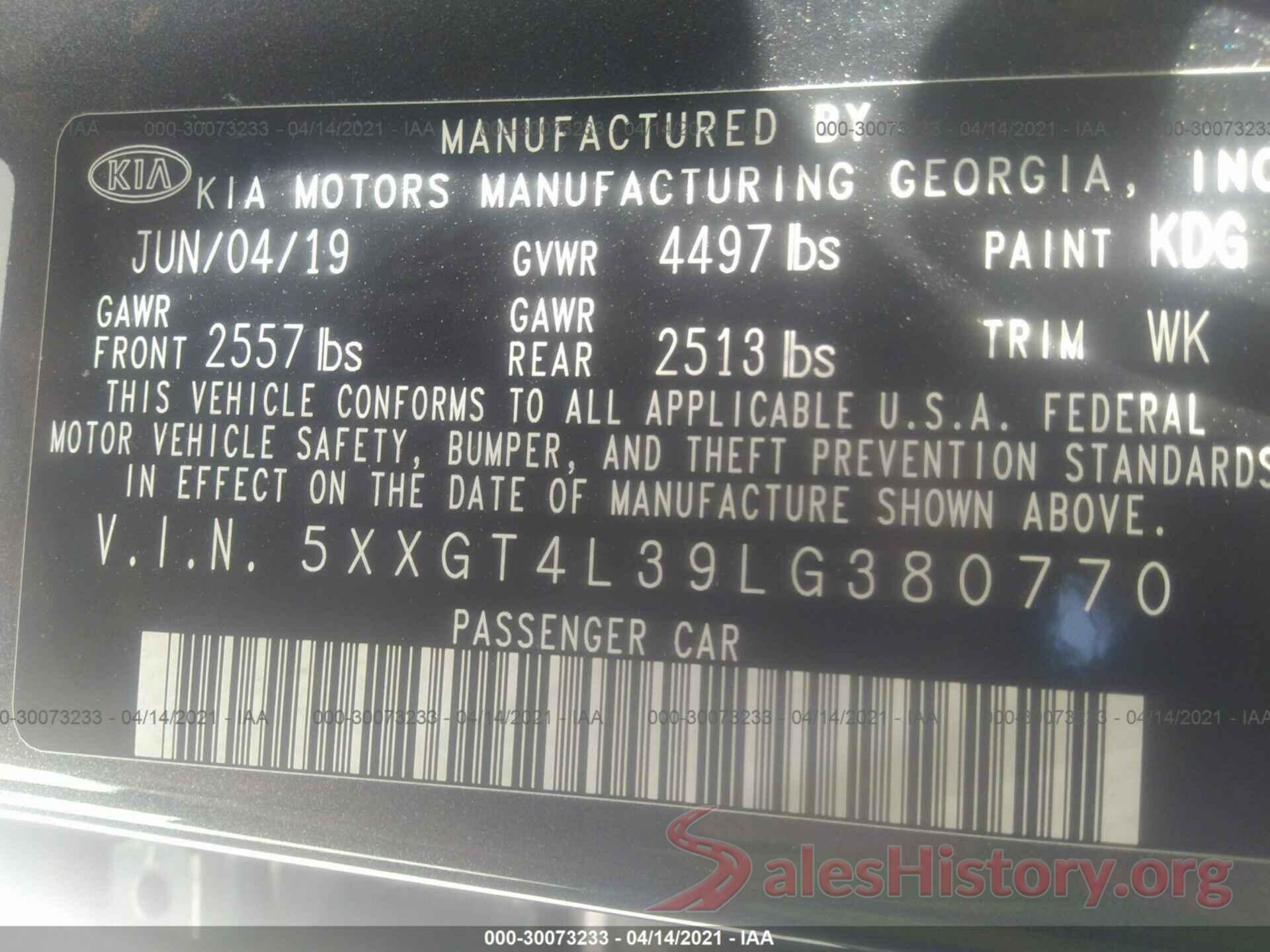 5XXGT4L39LG380770 2020 KIA OPTIMA