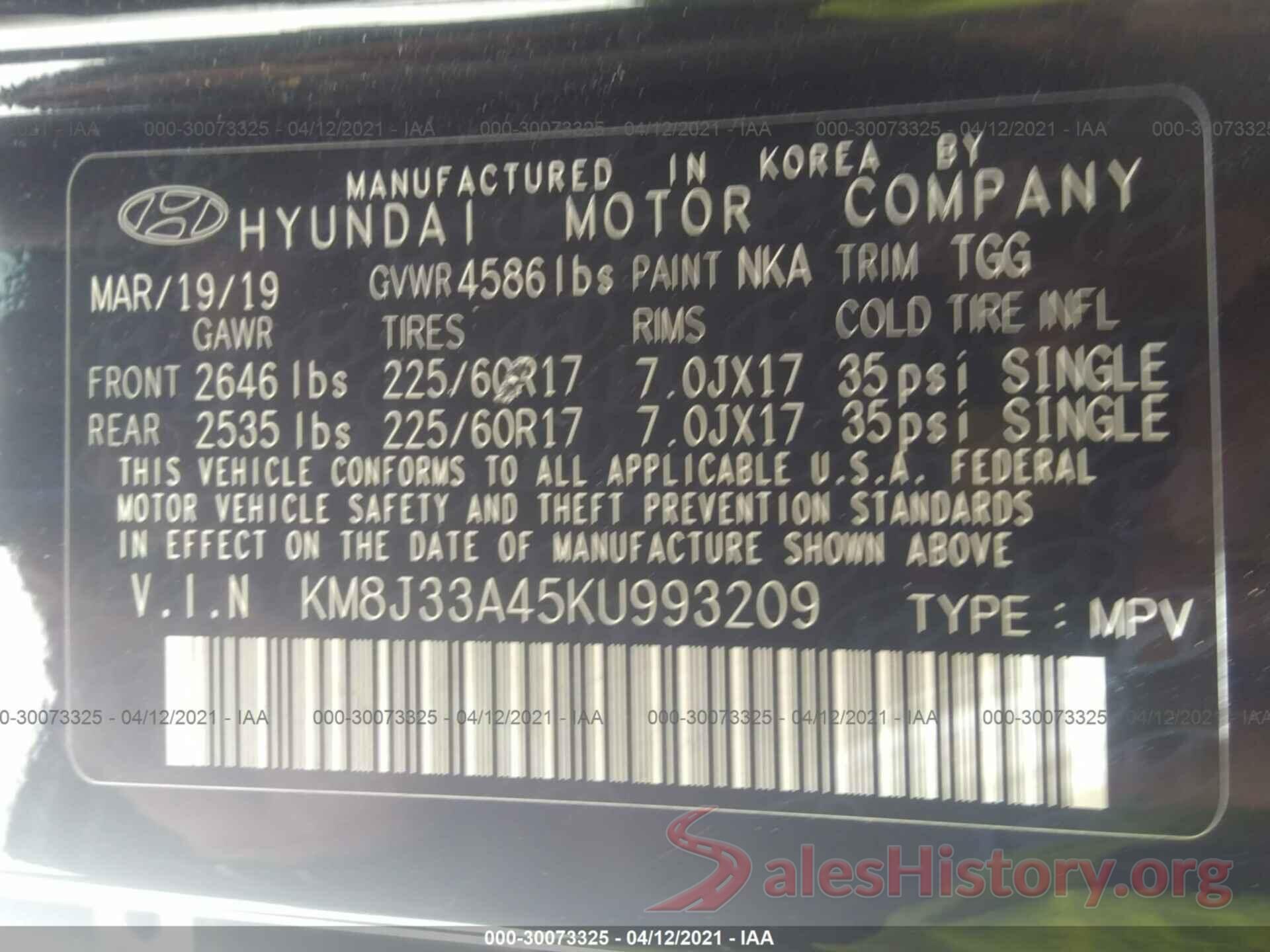 KM8J33A45KU993209 2019 HYUNDAI TUCSON