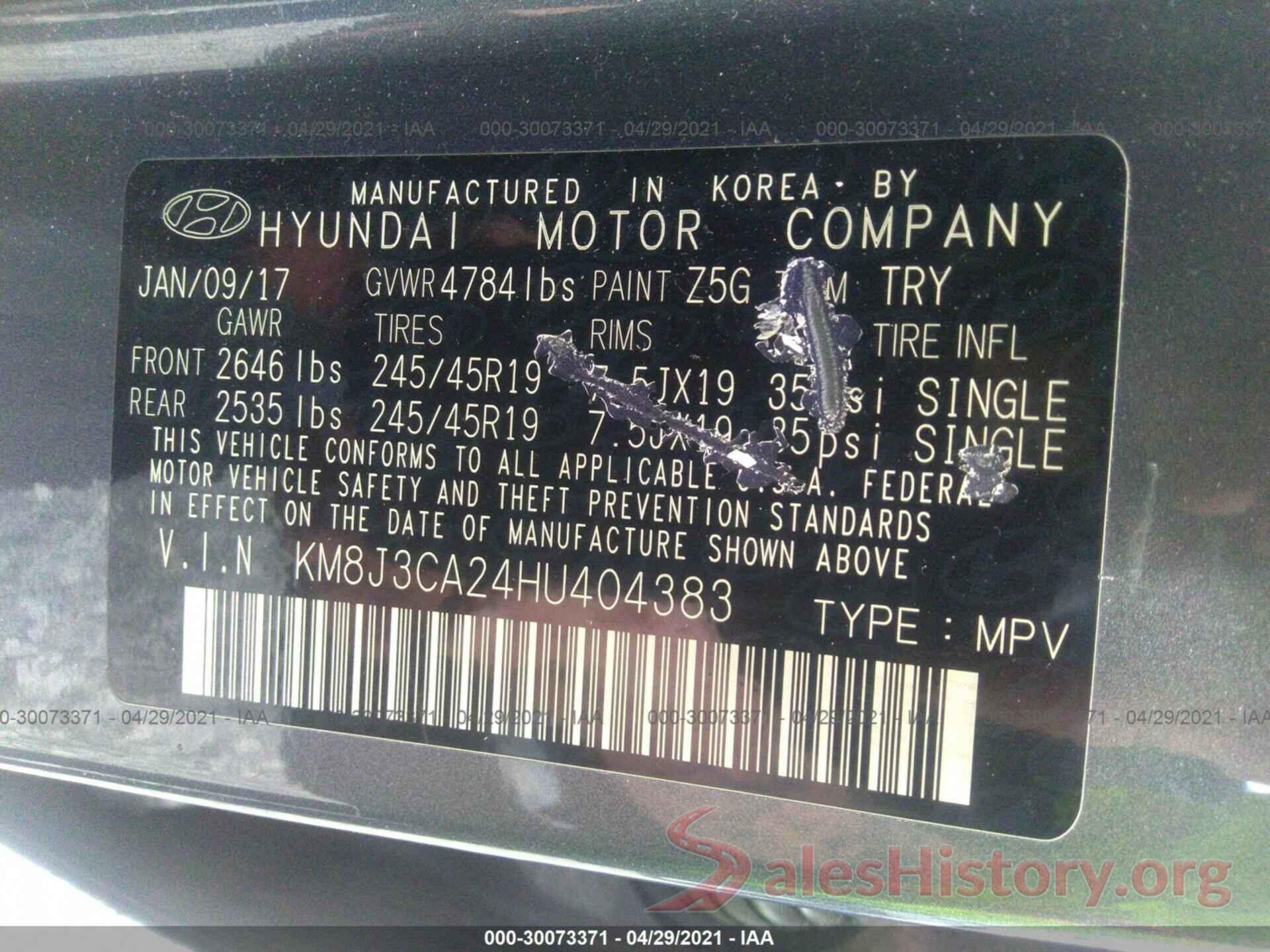 KM8J3CA24HU404383 2017 HYUNDAI TUCSON