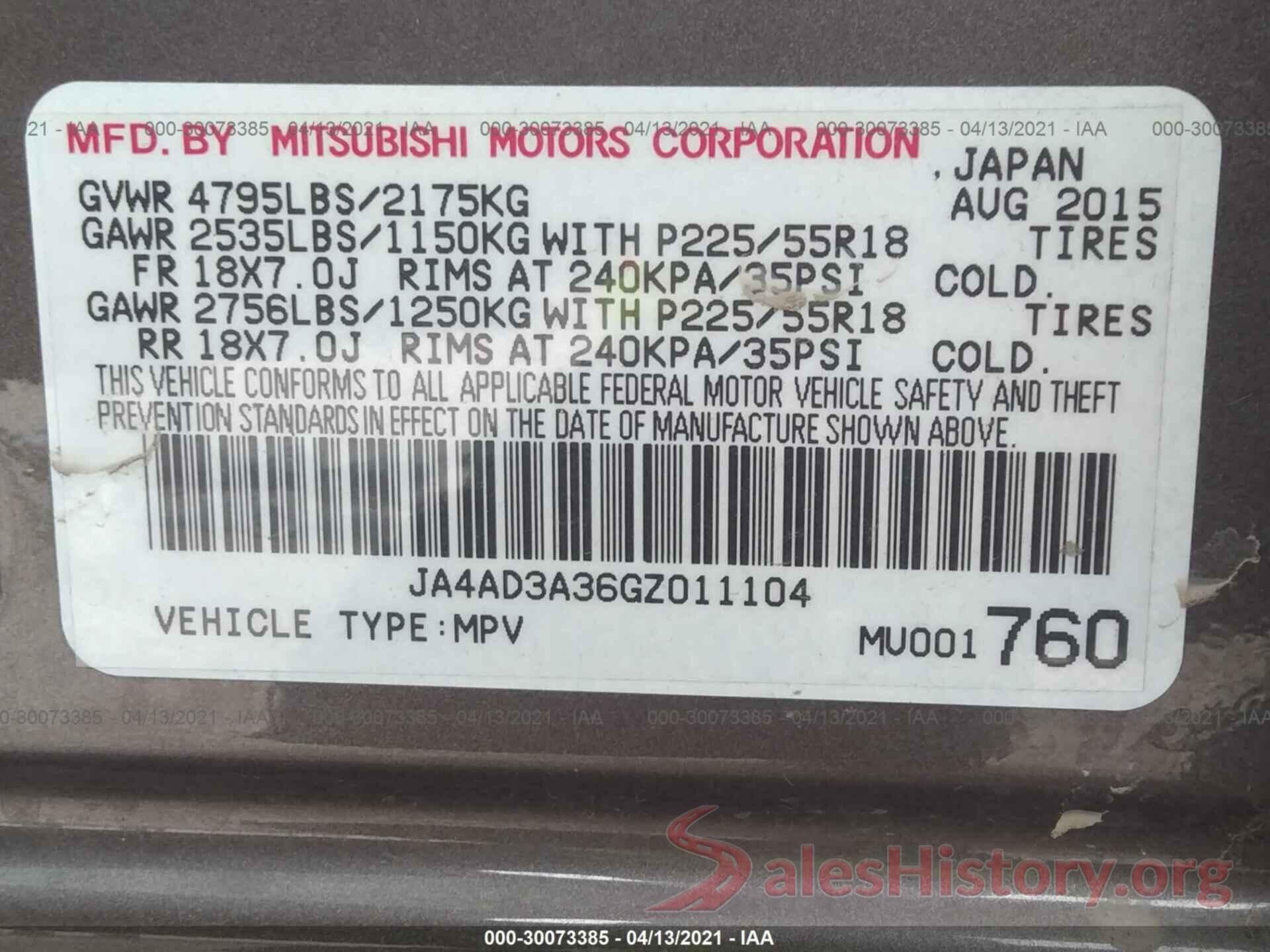 JA4AD3A36GZ011104 2016 MITSUBISHI OUTLANDER