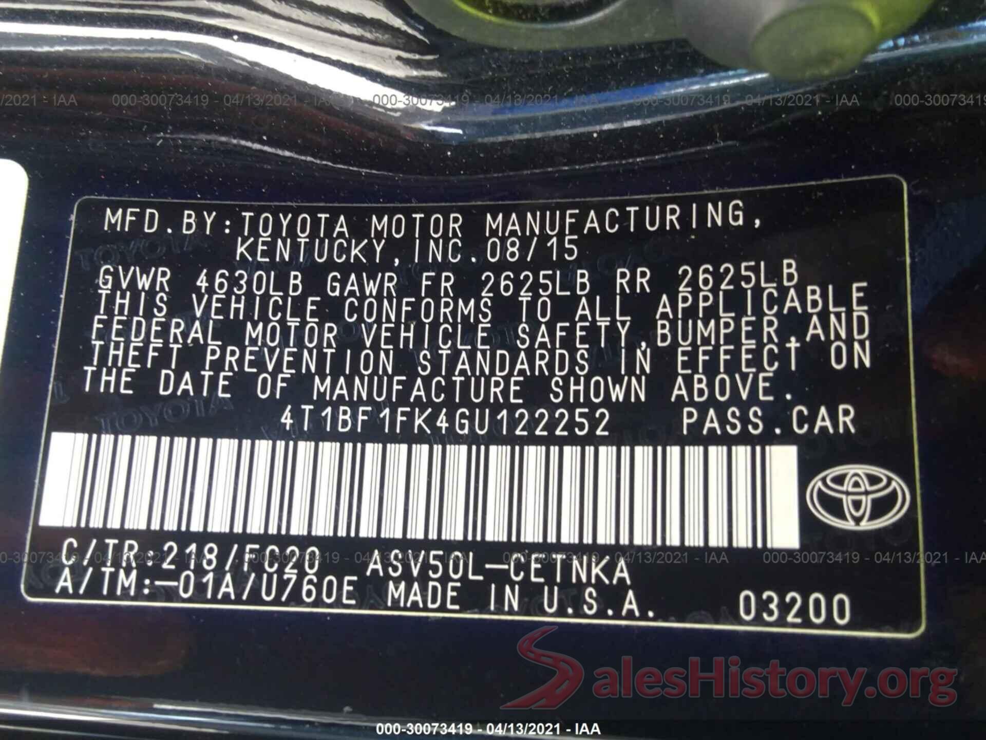 4T1BF1FK4GU122252 2016 TOYOTA CAMRY