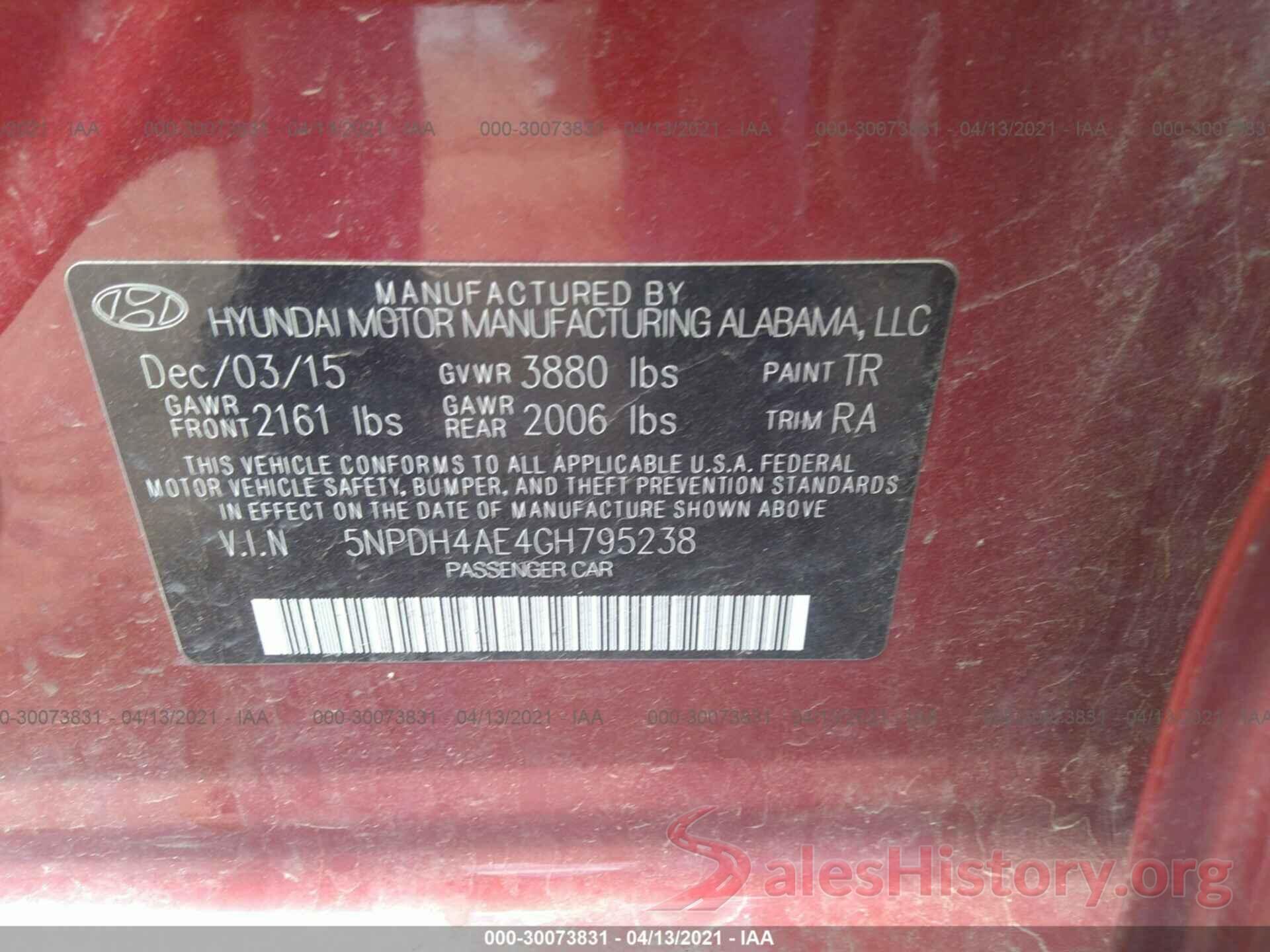 5NPDH4AE4GH795238 2016 HYUNDAI ELANTRA