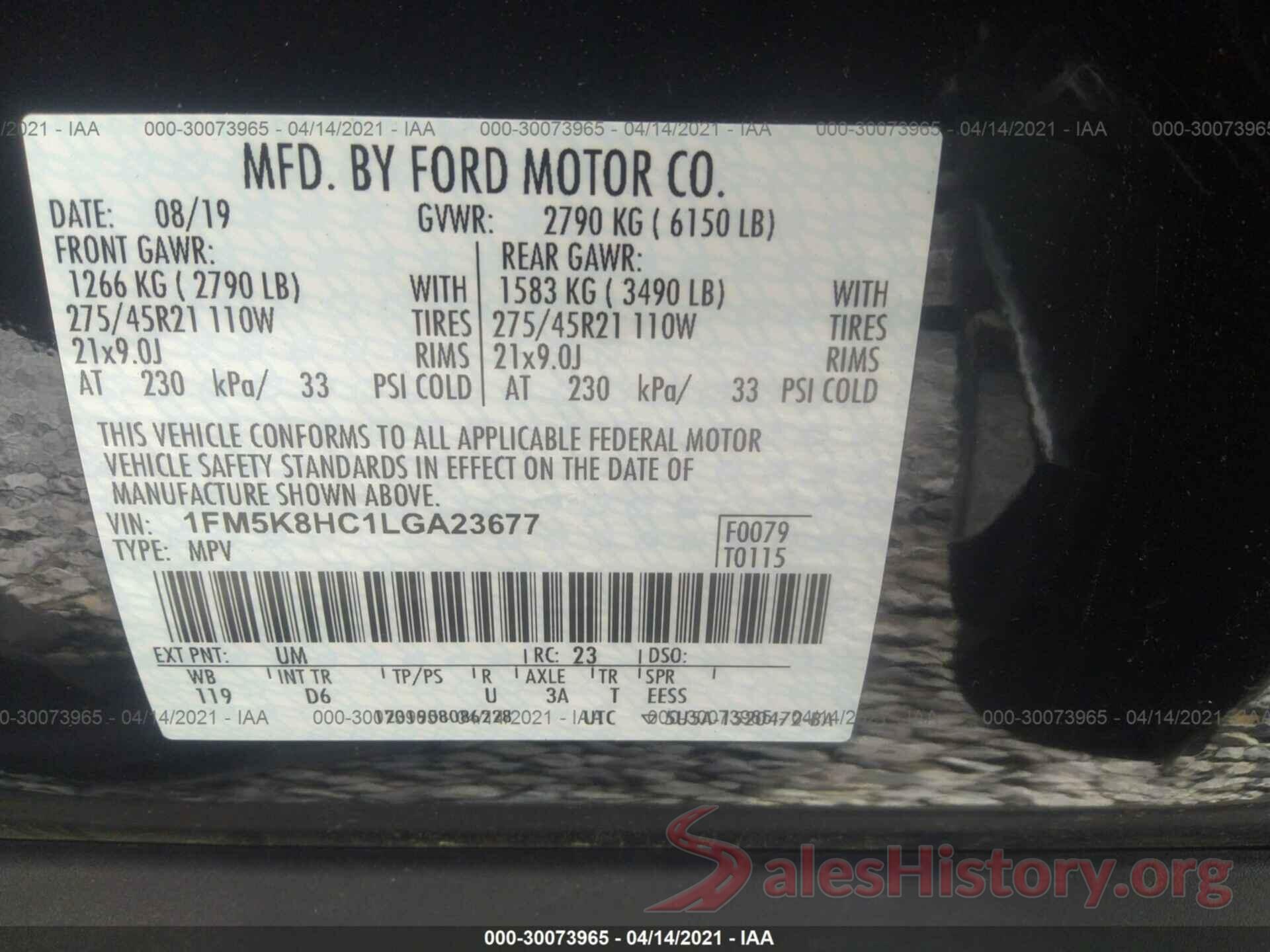 1FM5K8HC1LGA23677 2020 FORD EXPLORER