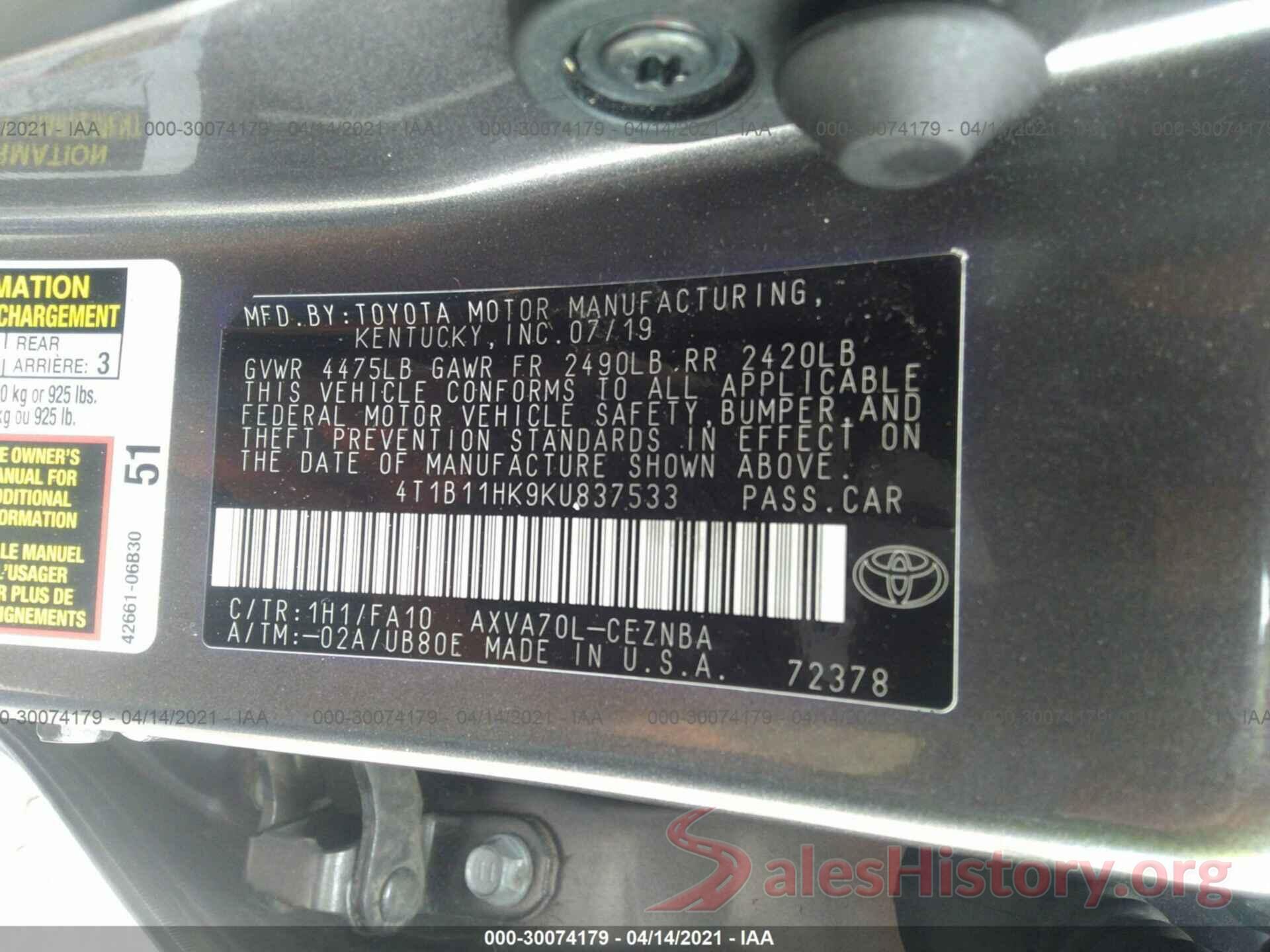 4T1B11HK9KU837533 2019 TOYOTA CAMRY