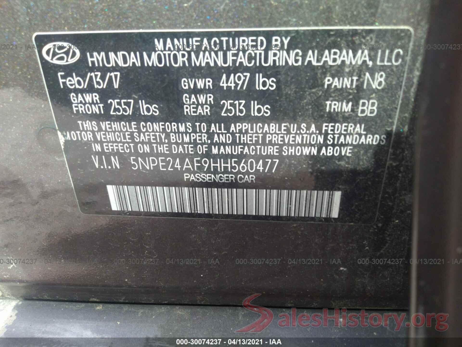 5NPE24AF9HH560477 2017 HYUNDAI SONATA