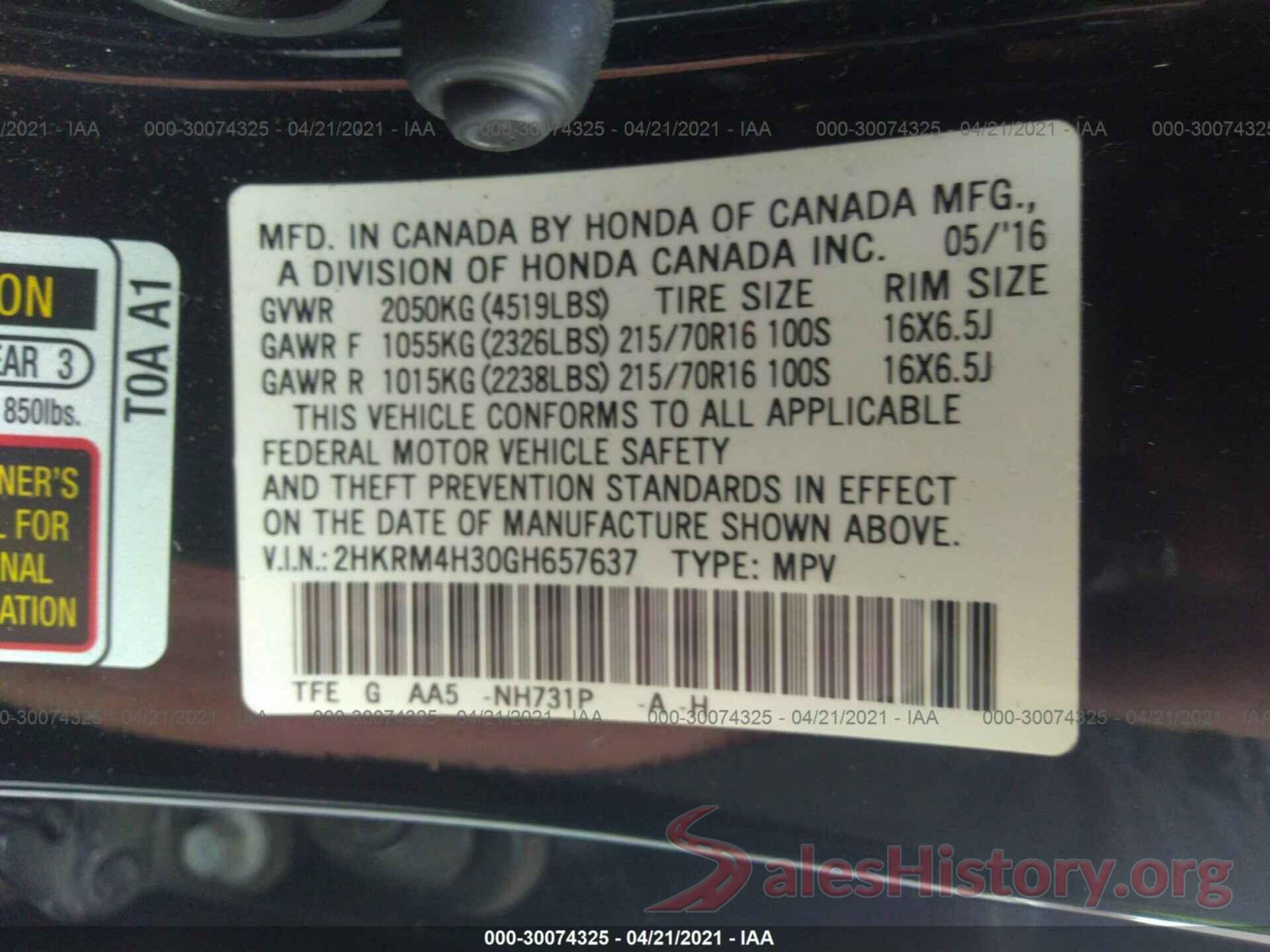 2HKRM4H30GH657637 2016 HONDA CR-V