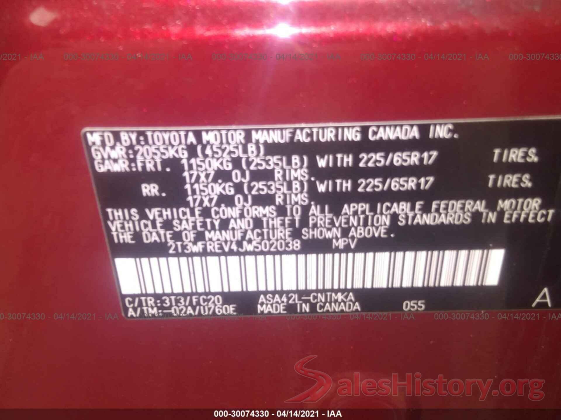 2T3WFREV4JW502038 2018 TOYOTA RAV4