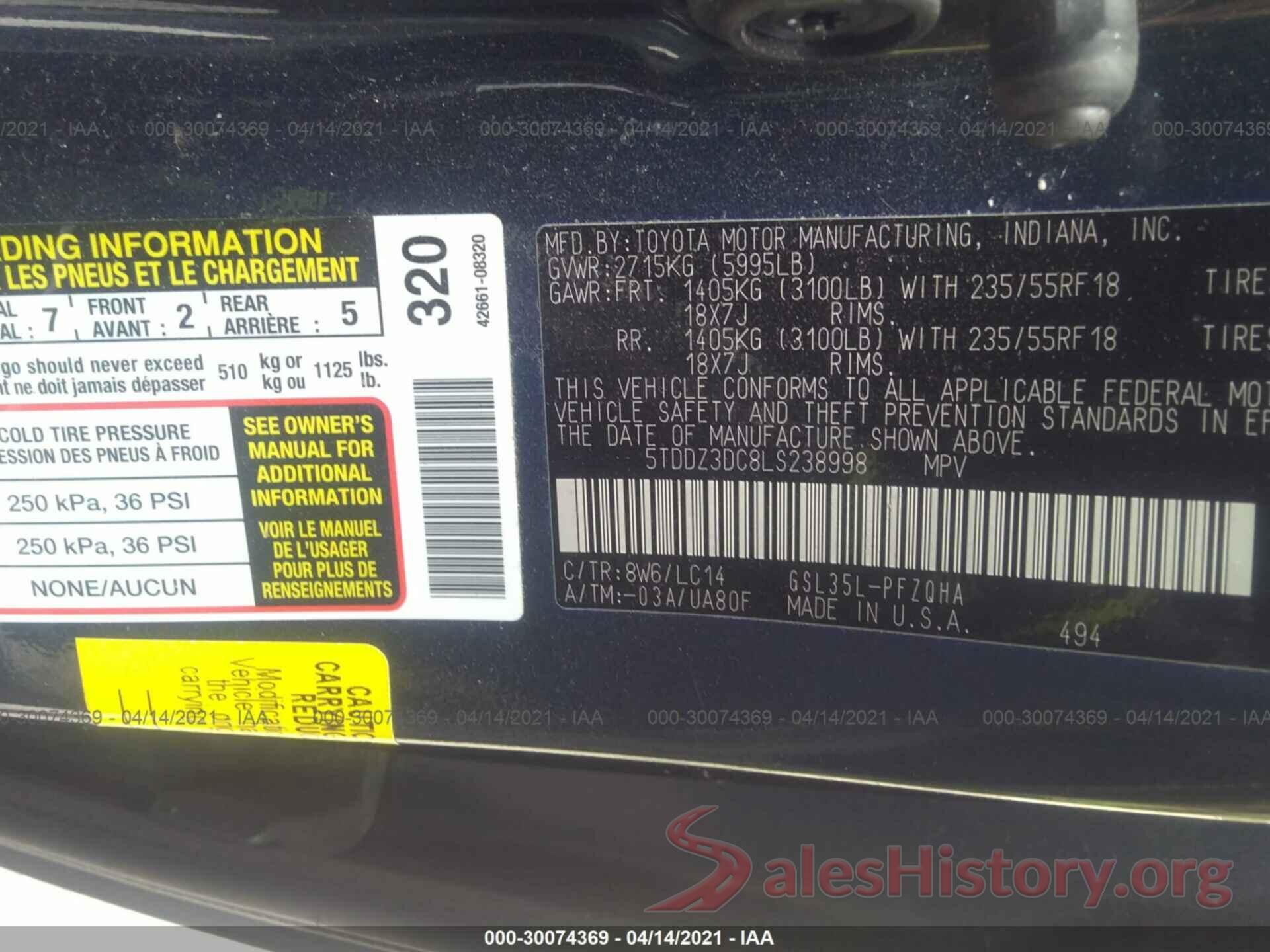 5TDDZ3DC8LS238998 2020 TOYOTA SIENNA