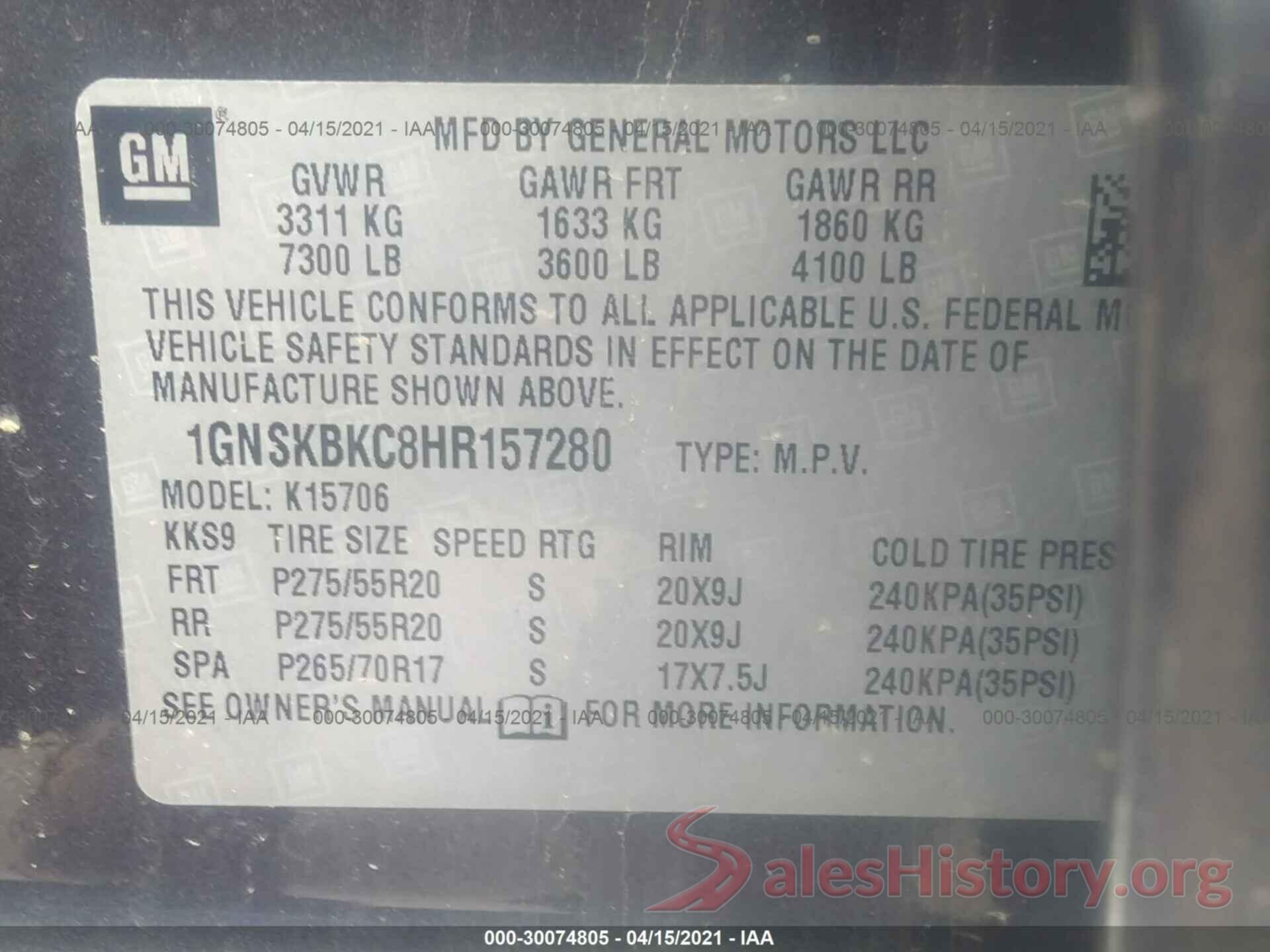 1GNSKBKC8HR157280 2017 CHEVROLET TAHOE