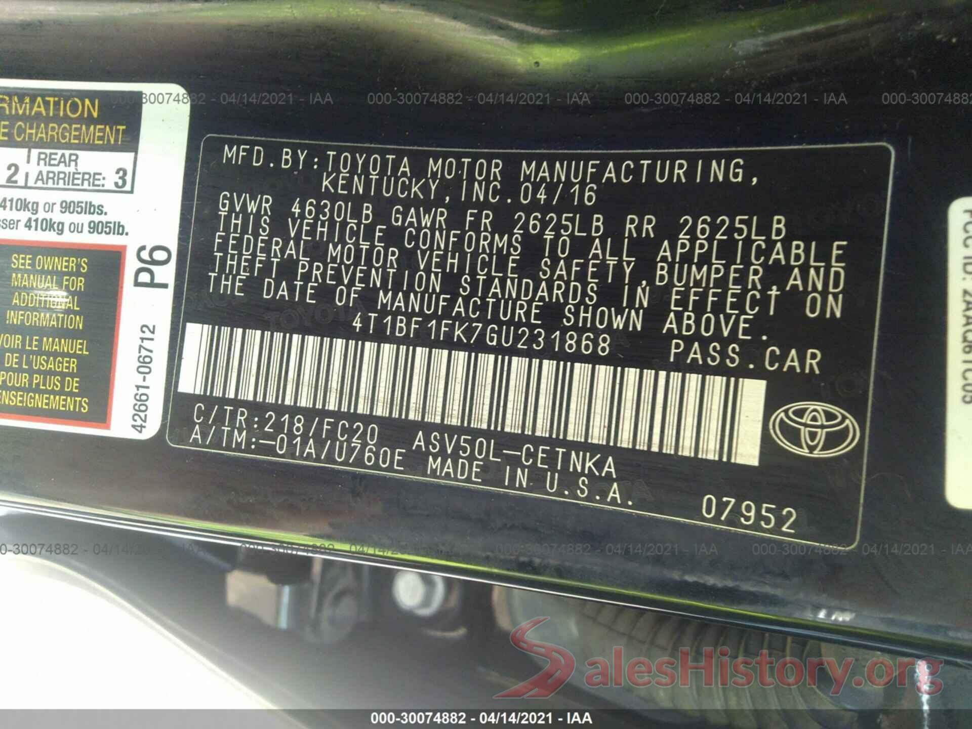 4T1BF1FK7GU231868 2016 TOYOTA CAMRY