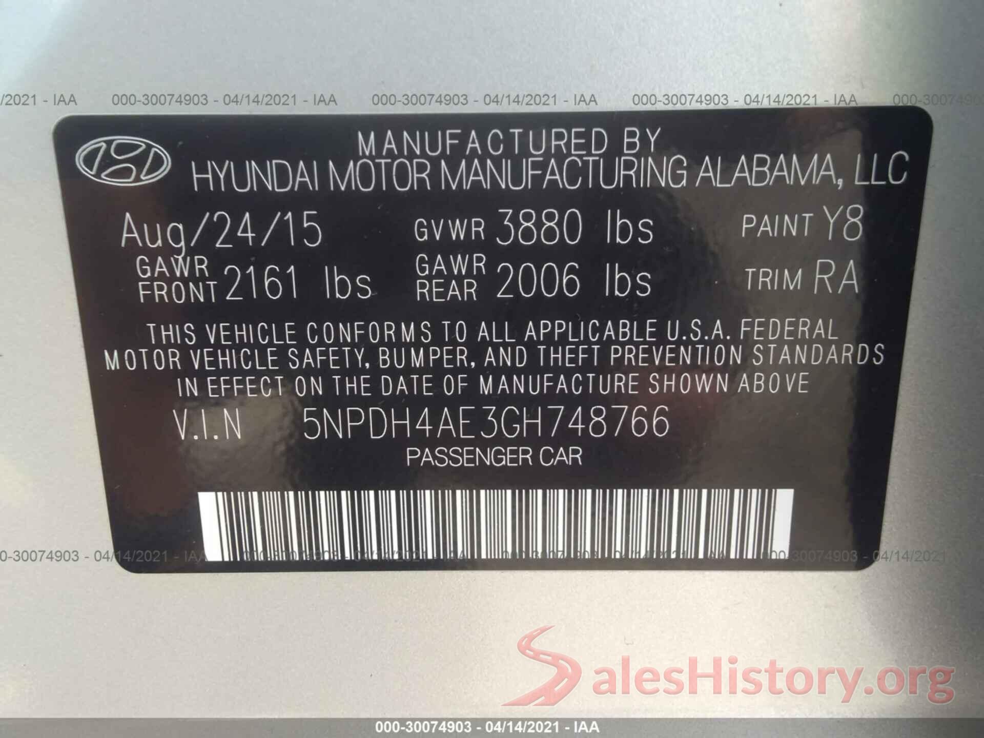 5NPDH4AE3GH748766 2016 HYUNDAI ELANTRA