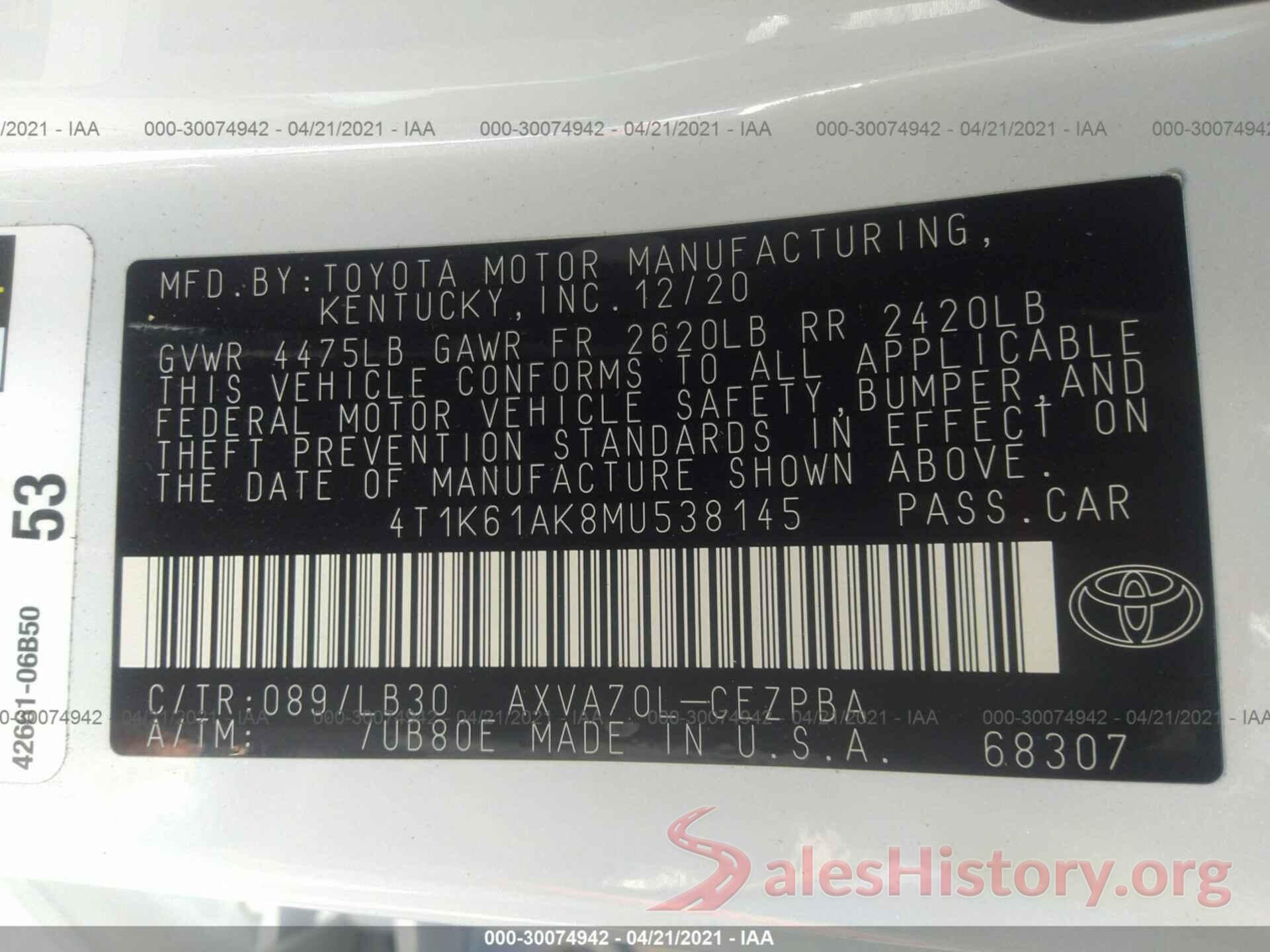 4T1K61AK8MU538145 2021 TOYOTA CAMRY