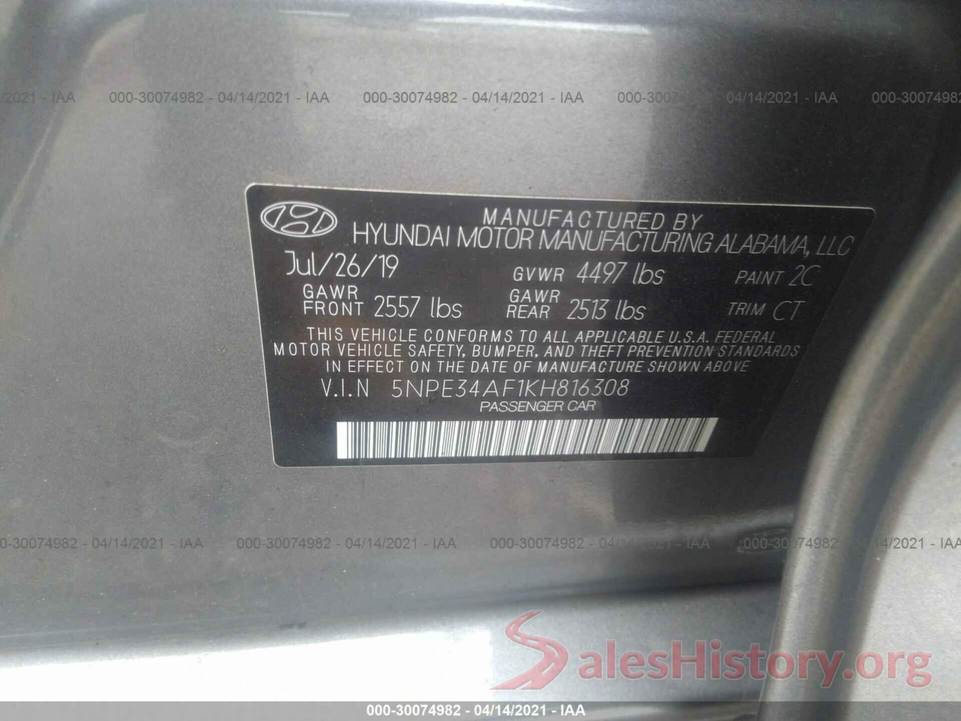 5NPE34AF1KH816308 2019 HYUNDAI SONATA