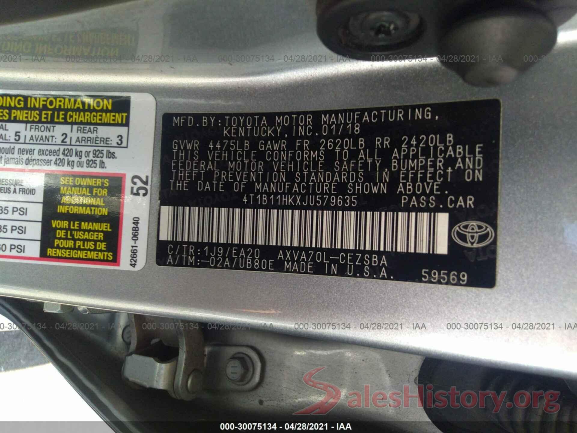 4T1B11HKXJU579635 2018 TOYOTA CAMRY