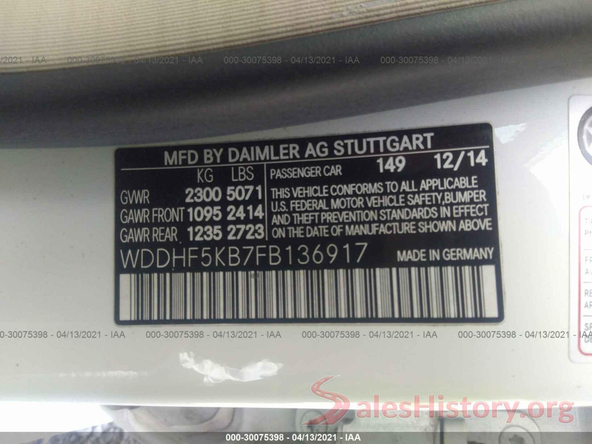 WDDHF5KB7FB136917 2015 MERCEDES-BENZ E-CLASS