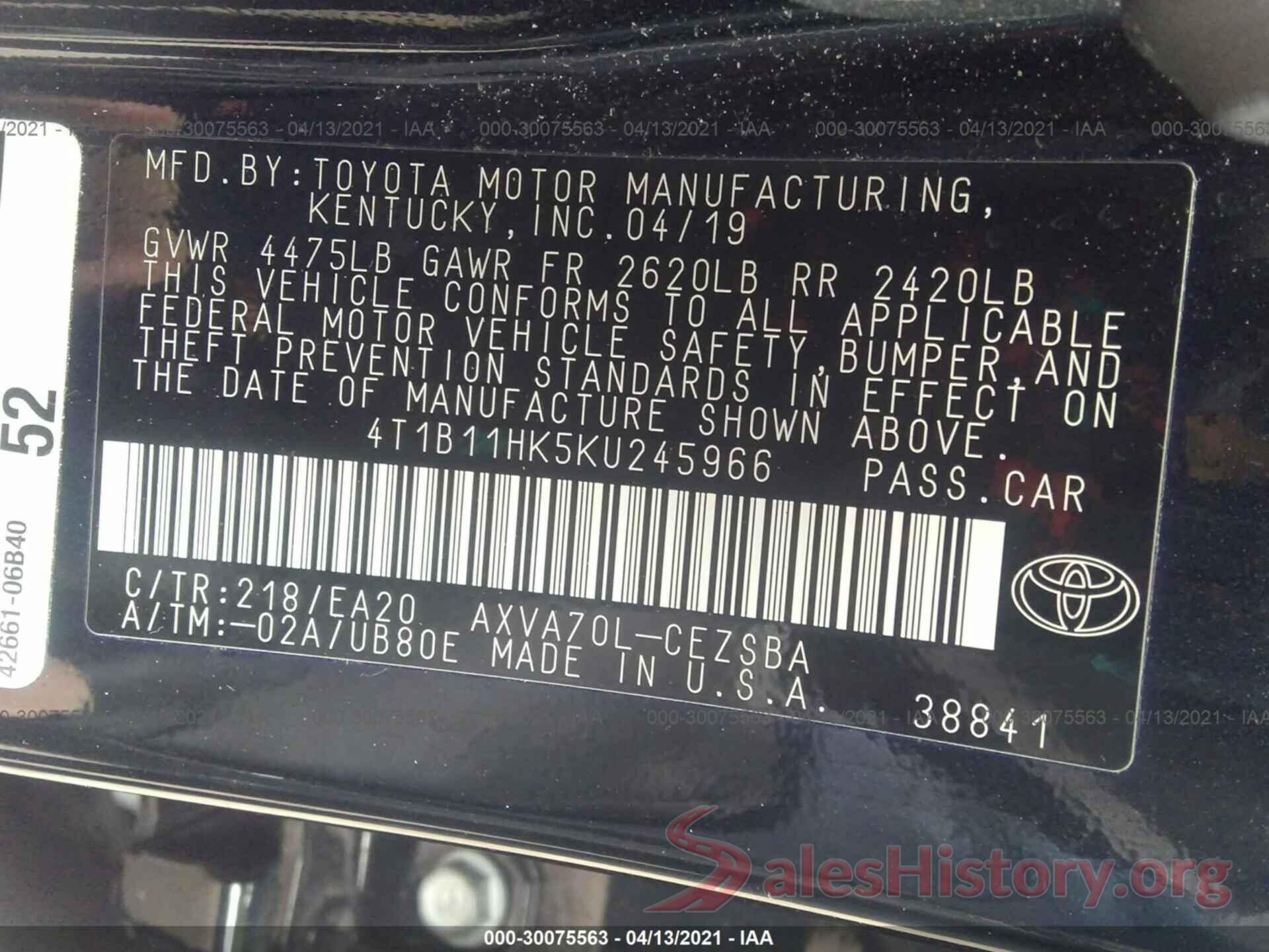 4T1B11HK5KU245966 2019 TOYOTA CAMRY