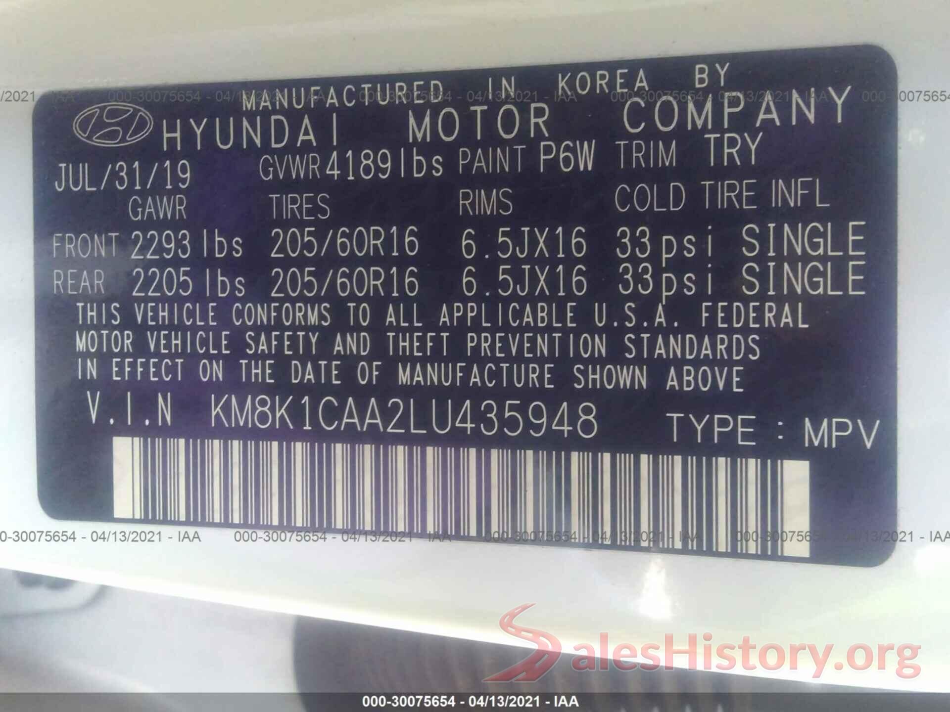 KM8K1CAA2LU435948 2020 HYUNDAI KONA