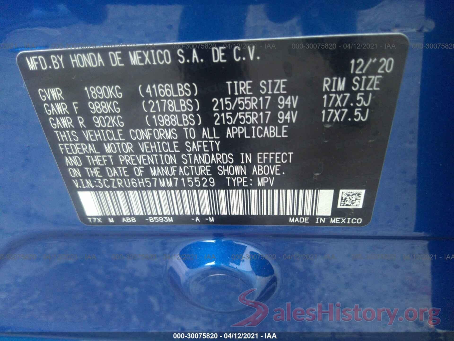 3CZRU6H57MM715529 2021 HONDA HR-V