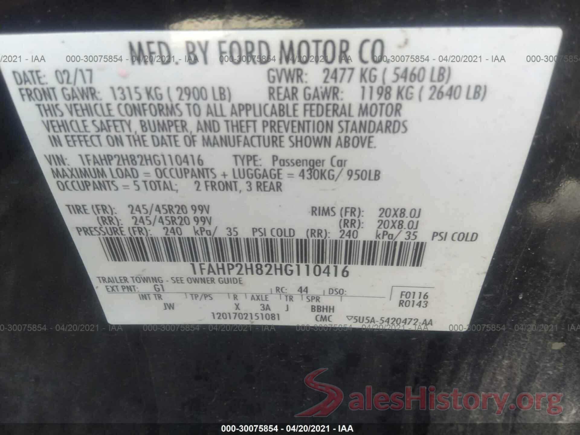 1FAHP2H82HG110416 2017 FORD TAURUS