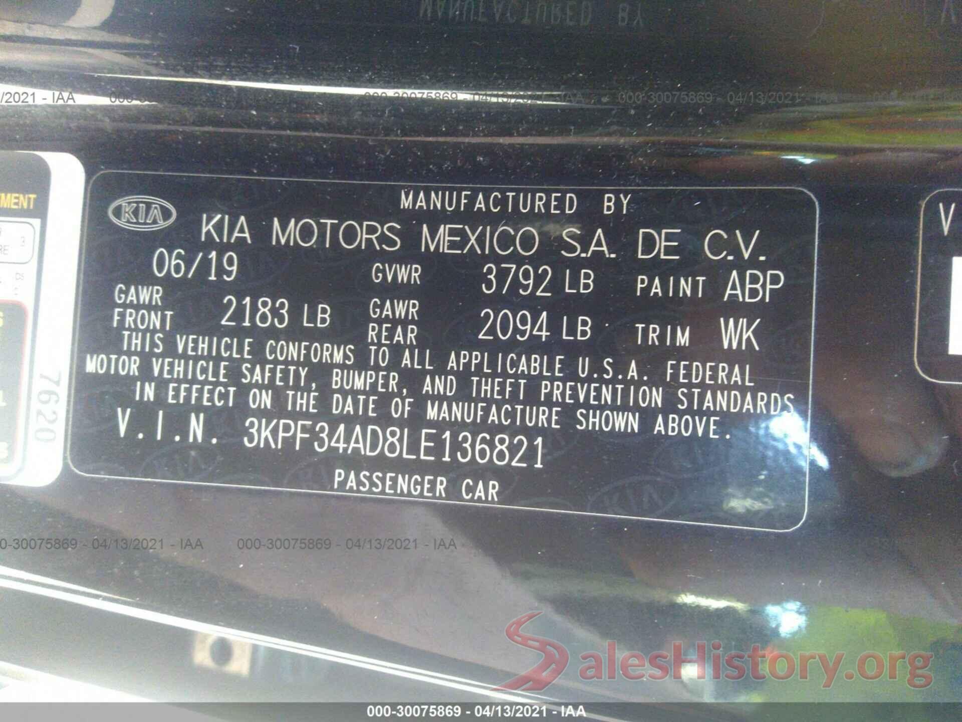 3KPF34AD8LE136821 2020 KIA FORTE