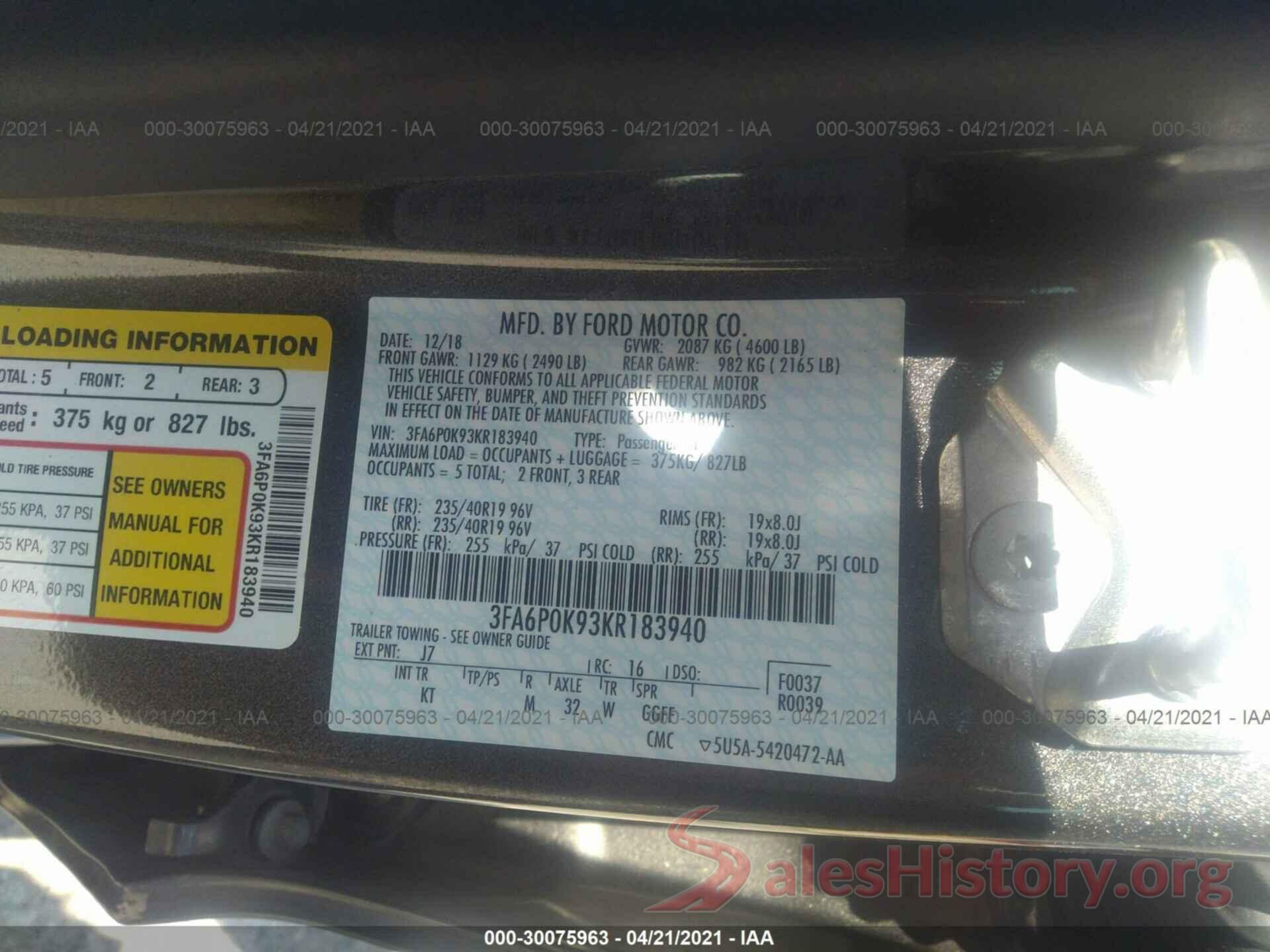 3FA6P0K93KR183940 2019 FORD FUSION